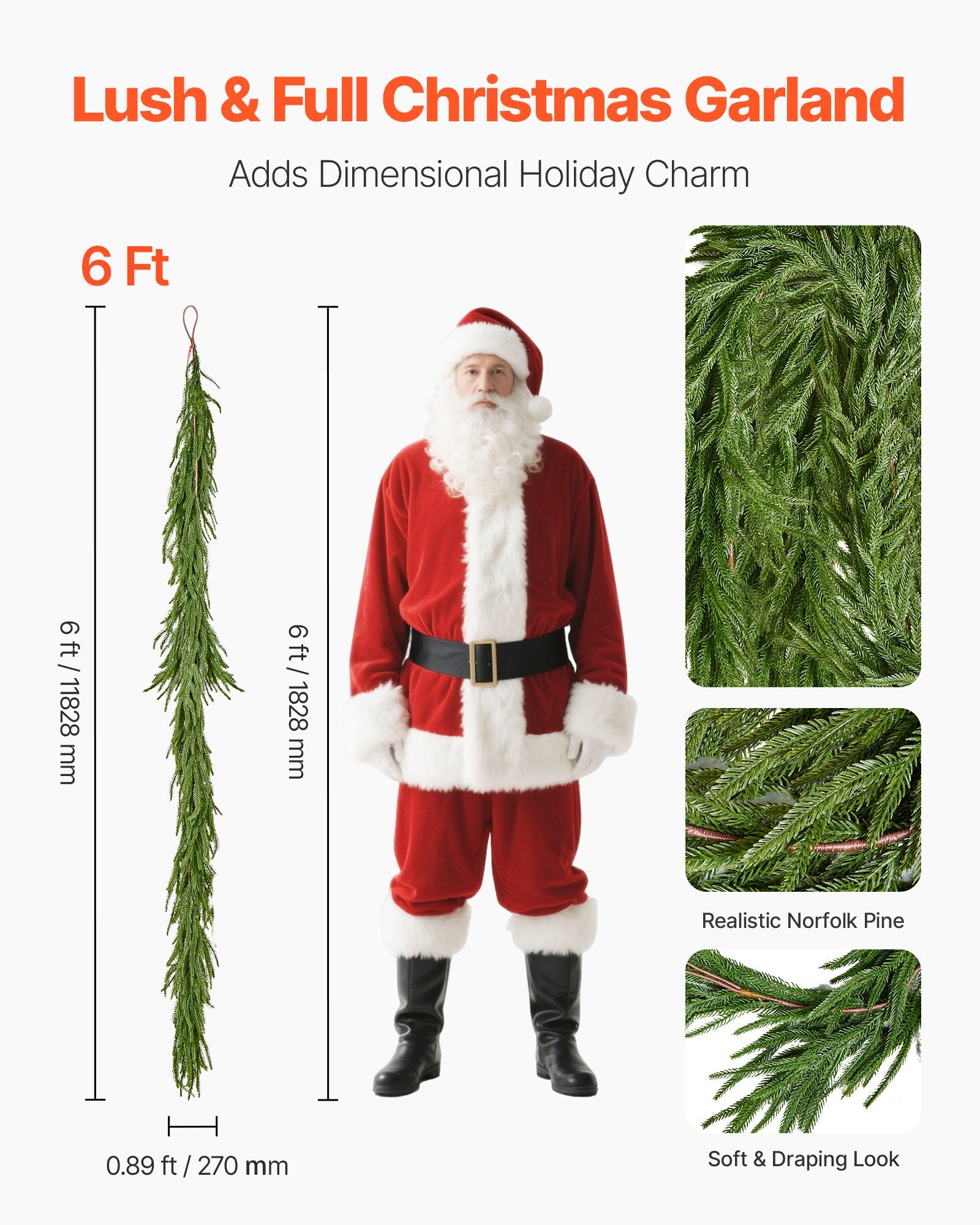 VEVOR Christmas Garland, 1828 mm Realistic Norfolk Pine Garland, Evergreen Real Touch Artificial Faux Greenery Garlands, for Holiday Indoor Outdoor Xmas Decoration on Table, Mantel, and Fireplace