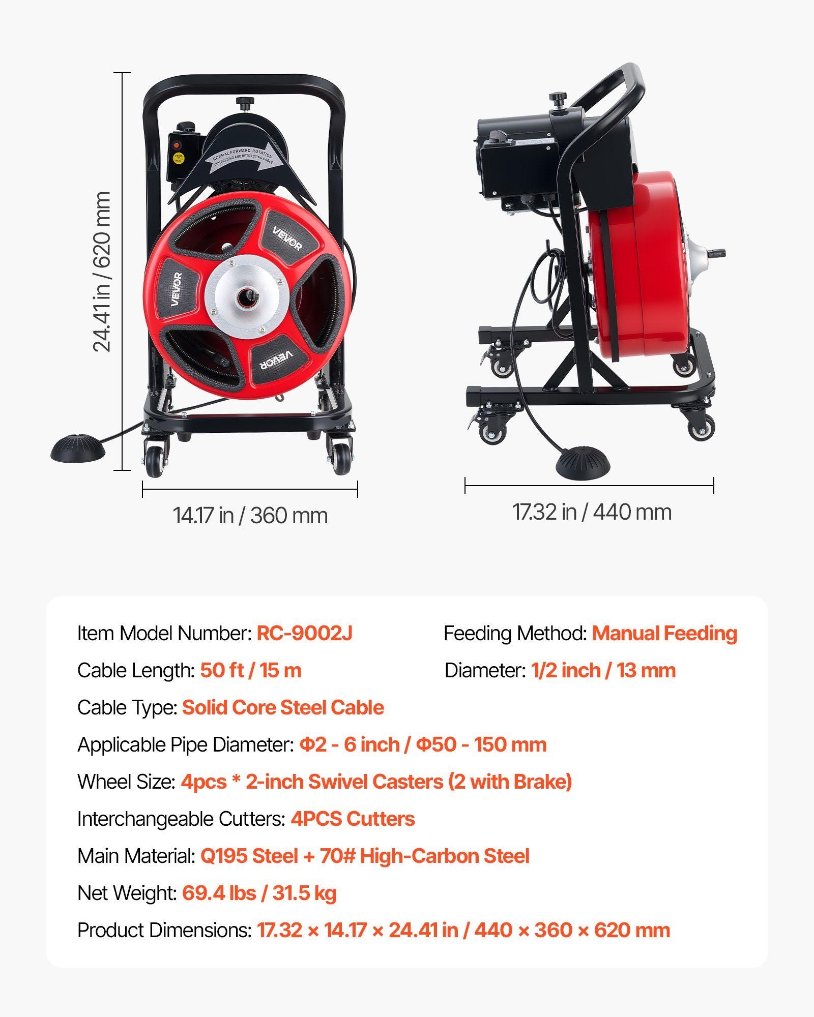 Drain Cleaner Machine 15m x 13mm, Manual Feed Sewer Snake Auger on Wheels - with 4 Cutters & Air-activated Foot Switch for 50mm to 150mm Pipes