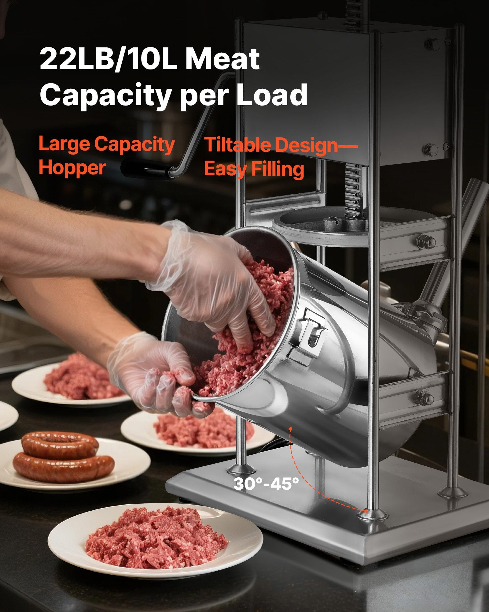 VEVOR Manual Sausage Stuffer, 22 LBS / 10 L Vertical Meat Stuffer, Dual-Speed Sausage Casing Meat Filling Machine, Stainless Steel Heavy Duty Filler with 5 Stuffing Tubes, for Commercial & Home Use