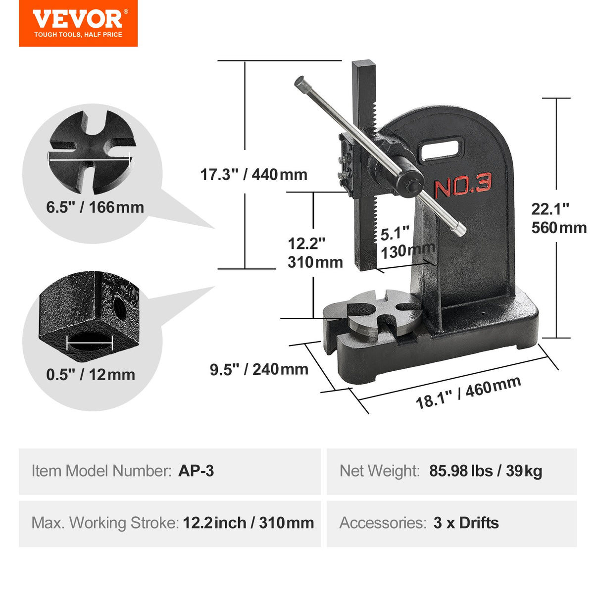 VEVOR Arbor Press, 3 Ton Manual Arbor Press, 30.99" Maximum Height, Cast Iron Heavy-duty Manual Desktop Arbor Press, Precision Hand Press for Stamping, Bending, Stretching, Forming