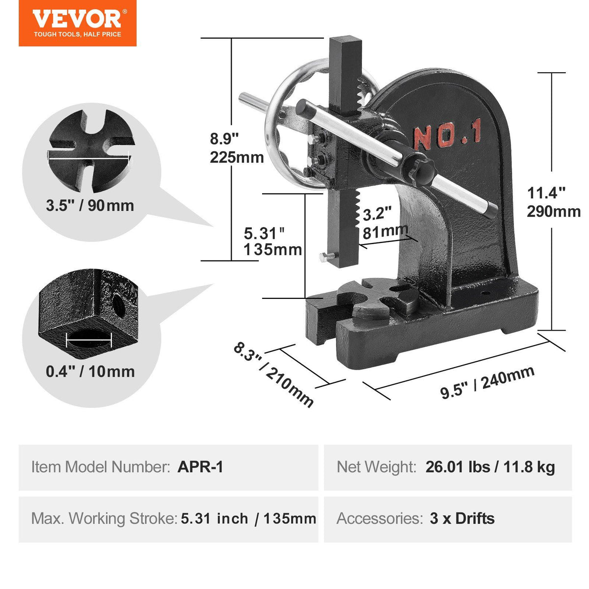 Arbor Press, 1 Ton Manual Arbor Press with Handwheel, 15cm Maximum Height, Cast Iron Heavy-duty Manual Desktop Arbor Press, Precision Hand Press for Stamping, Bending, Stretching, Forming