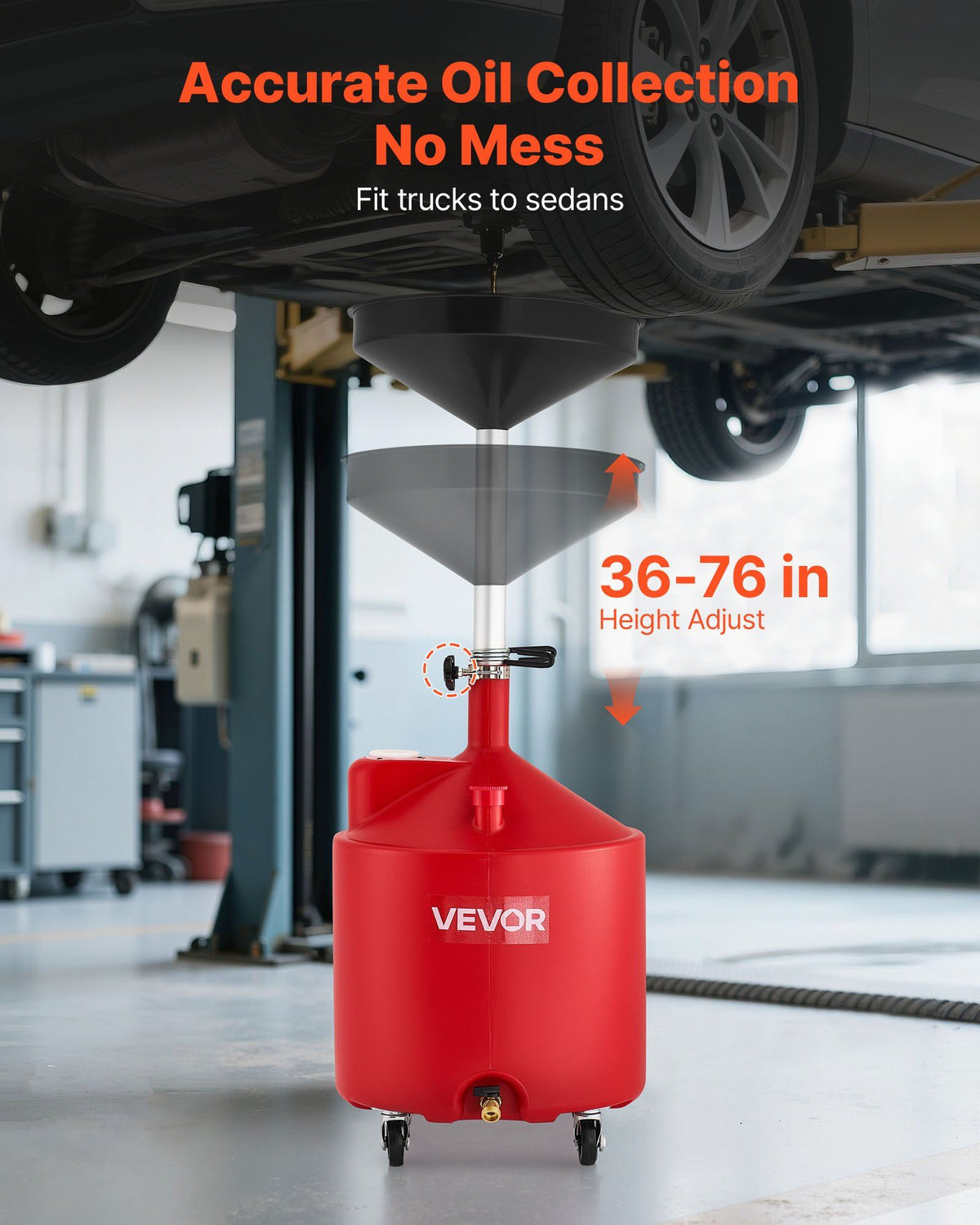 68L Waste Oil Drain Tank, Industrial Fluid Drain Tank with Adjustable Funnel Height, Portable Oil Drainer with Wheels, Fluid Fuel Transfer Drainage for Auto Repair Shops, Garages, Red