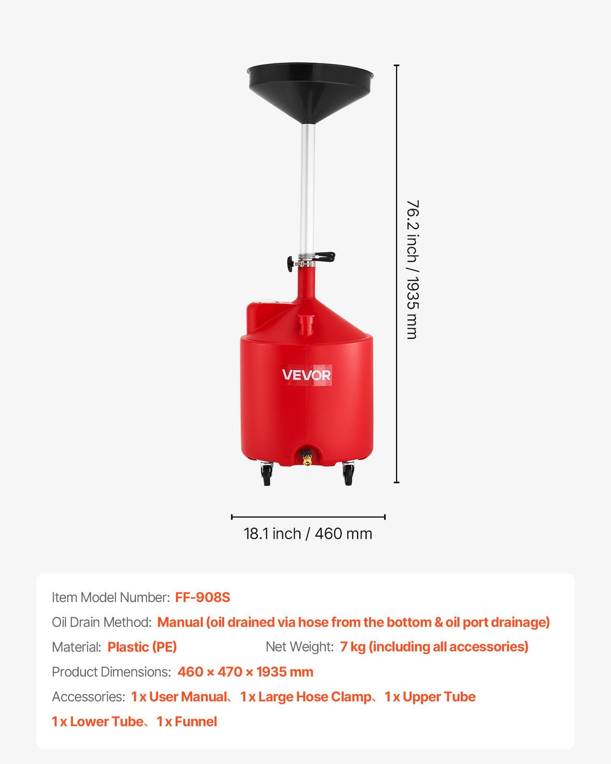 68L Waste Oil Drain Tank, Industrial Fluid Drain Tank with Adjustable Funnel Height, Portable Oil Drainer with Wheels, Fluid Fuel Transfer Drainage for Auto Repair Shops, Garages, Red