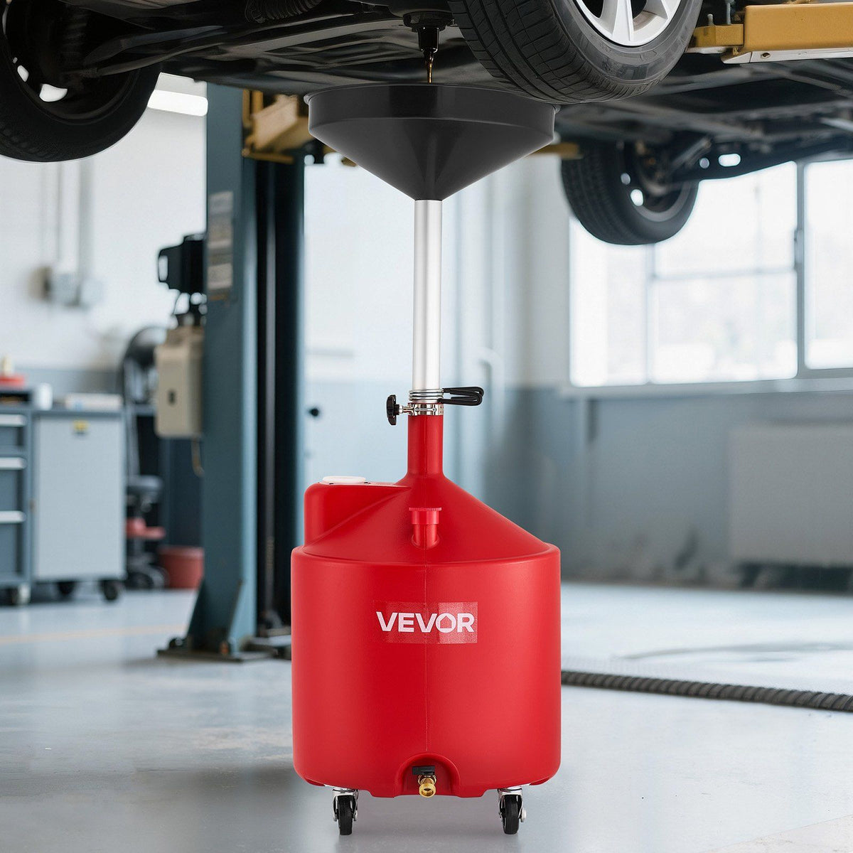 68L Waste Oil Drain Tank, Industrial Fluid Drain Tank with Adjustable Funnel Height, Portable Oil Drainer with Wheels, Fluid Fuel Transfer Drainage for Auto Repair Shops, Garages, Red