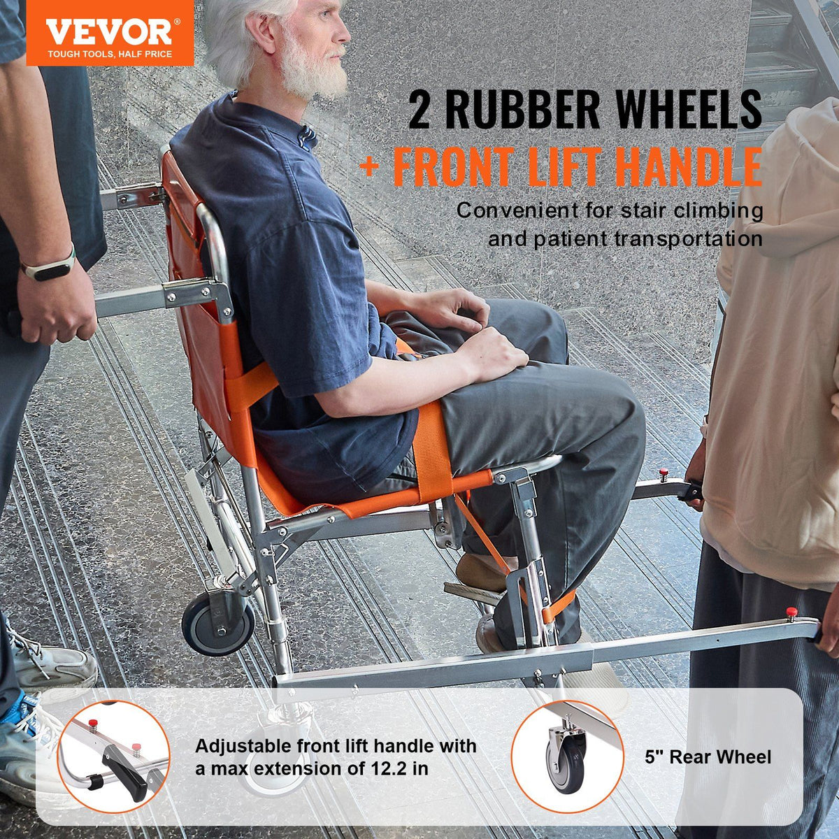 EMS Stair Chair, 159 kg Load Capacity, Foldable Aluminum Emergency Stair Climbing Wheelchair with 2 Wheels, Portable Stair Lift Chair Ambulance Firefighter Evacuation Use for Elderly, Disabled