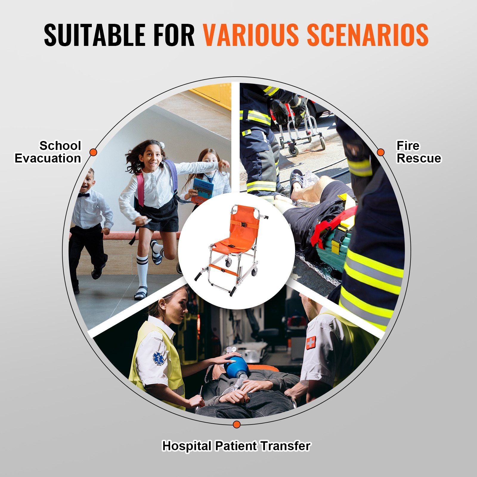 EMS Stair Chair, 159 kg Load Capacity, Foldable Aluminum Emergency Stair Climbing Wheelchair with 2 Wheels, Portable Stair Lift Chair Ambulance Firefighter Evacuation Use for Elderly, Disabled