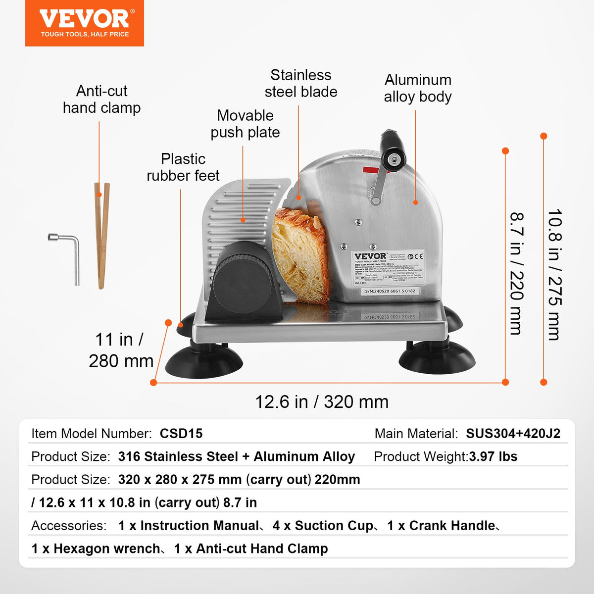 VEVOR Manual Bread Slicer 0-6" Cheeser Butter Cutting  for Kitchen Restaurant