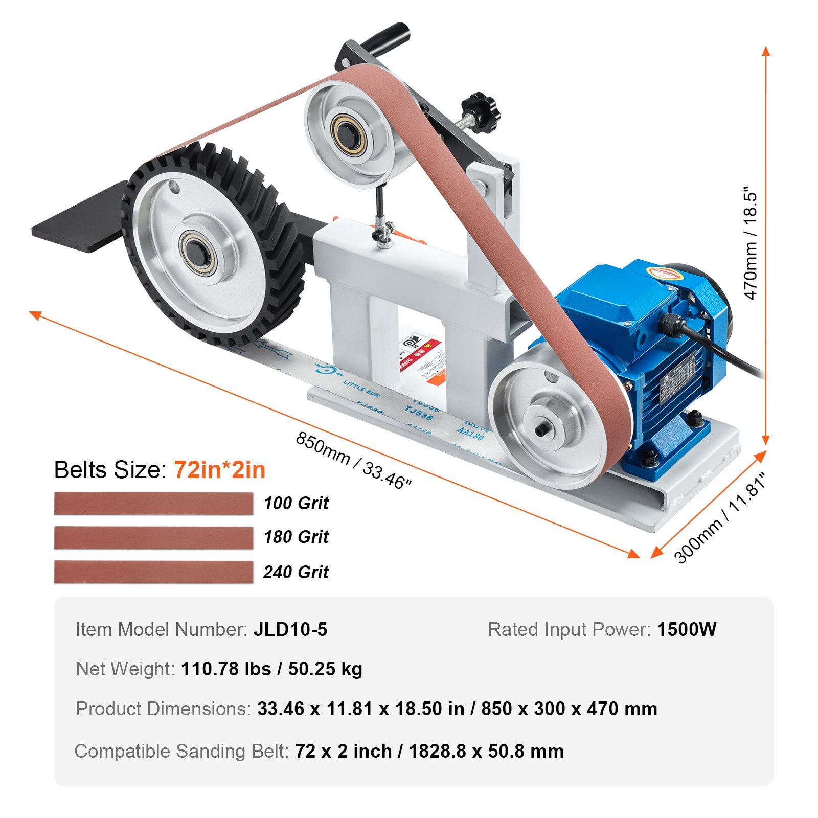 VEVOR Belt Grinder Sander, 72 x 2-Inch Variable Speed Belt Polisher with VFD, 1500W 2HP Polishing Grinding Machine with 3 Grinding Moulds & 3PCS Sanding Belts for Metalworking, Knife Making