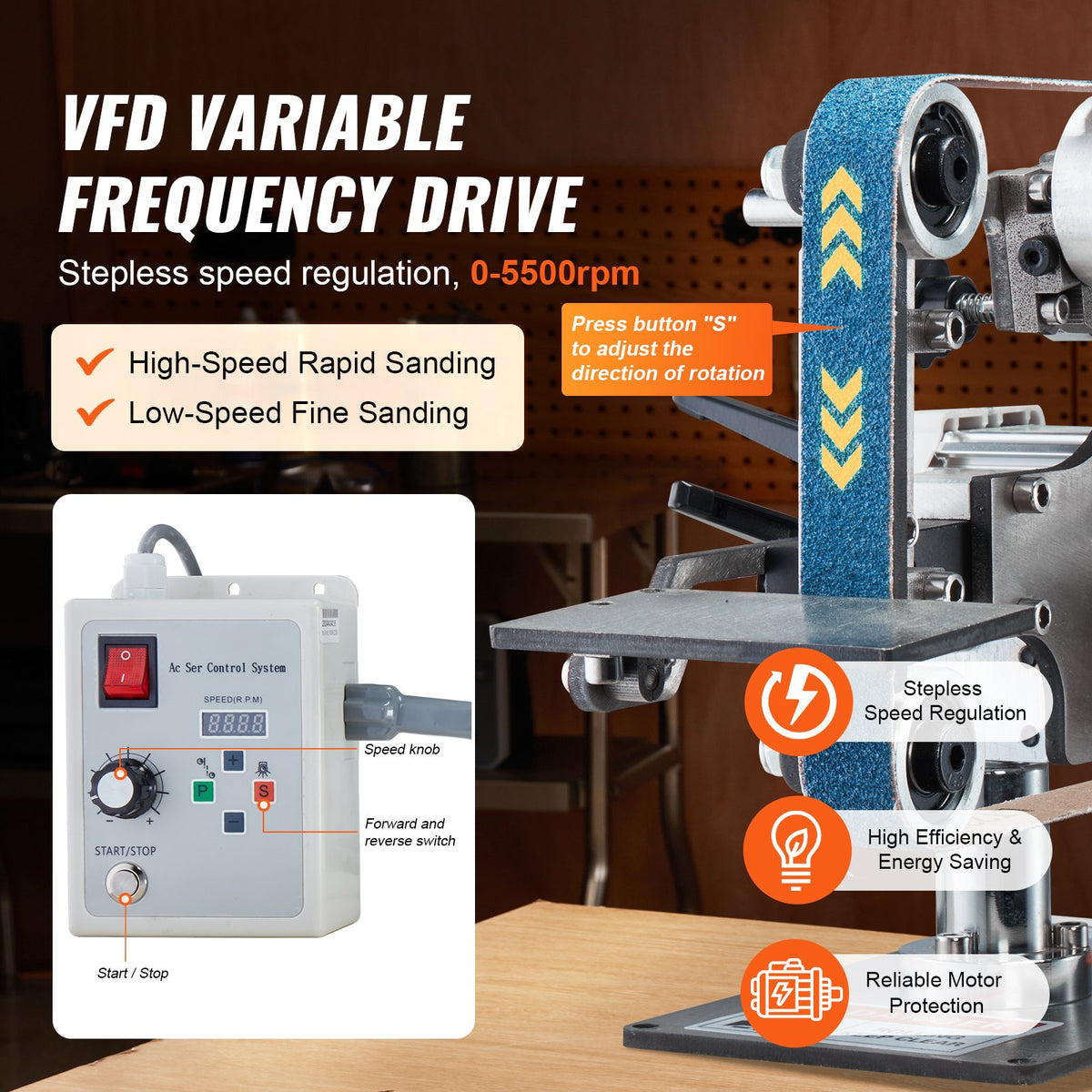 VEVOR Belt Grinder Sander, 30 x 1-Inch Variable Speed Belt Polisher with VFD, 550W Polishing Grinding Machine with 2 Grinding Moulds & 3PCS Sanding Belts for Metalworking, Knife Making