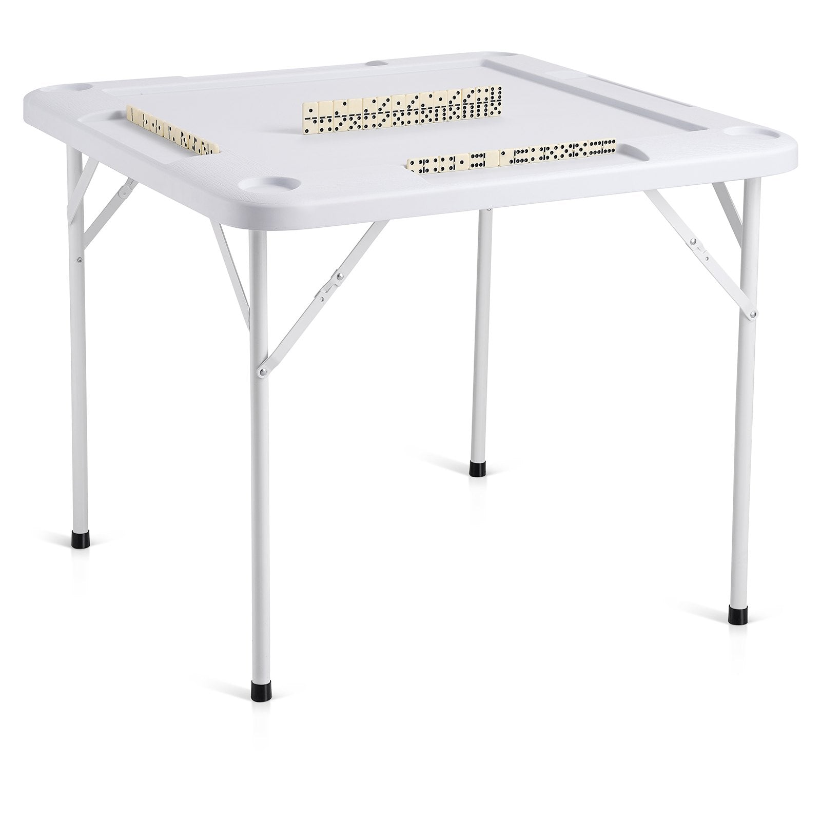 VEVOR Mahjong Table, Square 4 Player Folding Card Table with 4 Cup Holders & 4 Chip Trays, Portable Domino Game Table with 1 Set of Dominoes for Mahjong Poker Puzzles, 90 x 90-inch, White