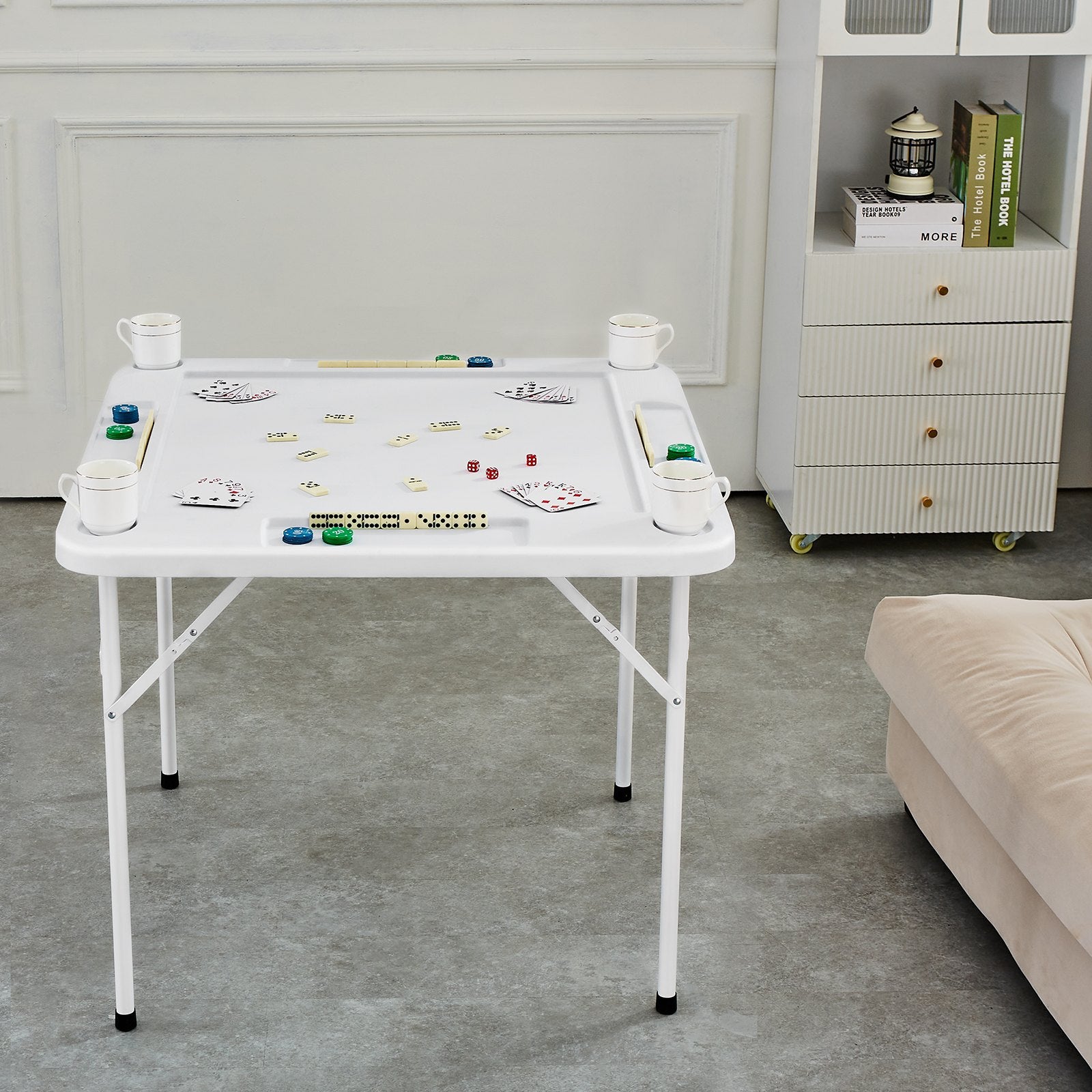 VEVOR Mahjong Table, Square 4 Player Folding Card Table with 4 Cup Holders & 4 Chip Trays, Portable Domino Game Table with 1 Set of Dominoes for Mahjong Poker Puzzles, 90 x 90-inch, White
