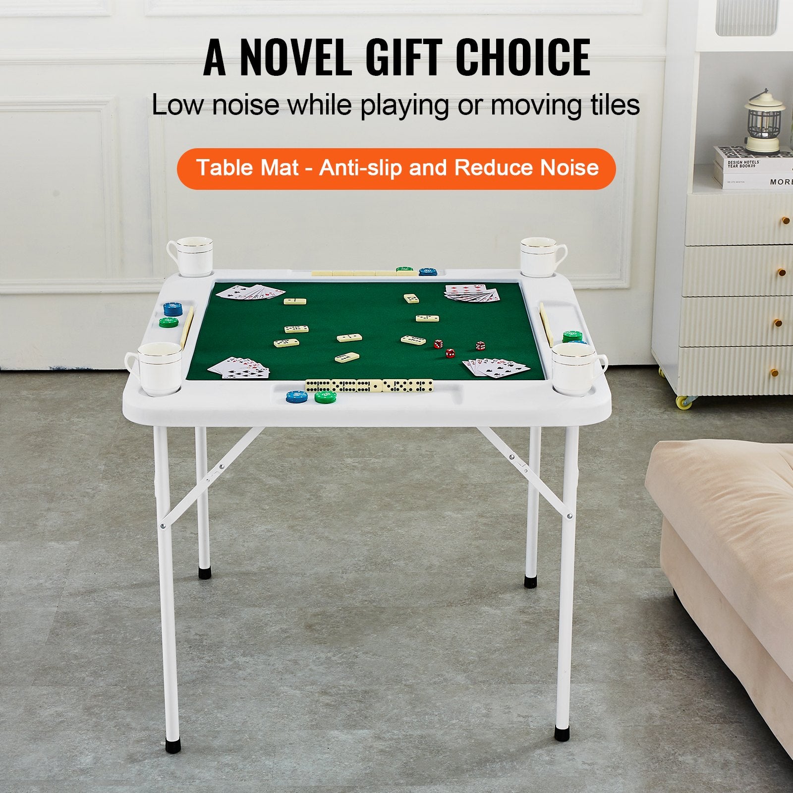 VEVOR Mahjong Table, 4 Player Folding Domino Table with Wear-Resistant Green Tabletop, Portable Square Card Table with 4 Cup Holders & 4 Chip Trays for Mahjong Poker Puzzles, 90 x90-inch