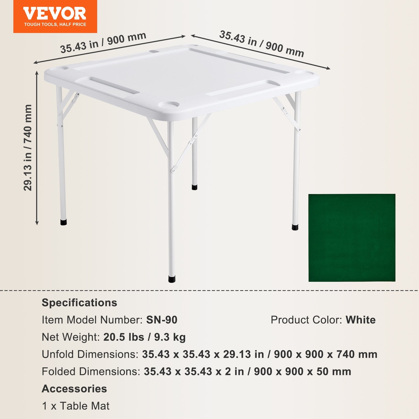 VEVOR Mahjong Table, 4 Player Folding Domino Table with Wear-Resistant Green Tabletop, Portable Square Card Table with 4 Cup Holders & 4 Chip Trays for Mahjong Poker Puzzles, 90 x90-inch