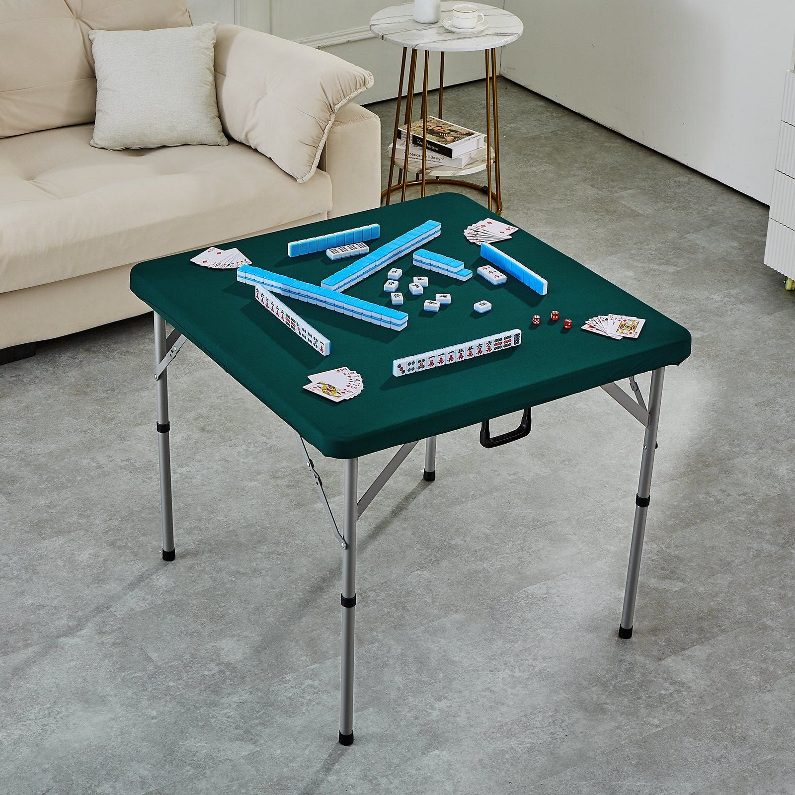 Mahjong Table, Fold-in-Half 4 Player Card Table with Wear-Resistant Green Tabletop, Portable Bi-Folding Square Domino Table with Carrying Handle for Outdoor Camping Picnic Party, 90 x90-inch