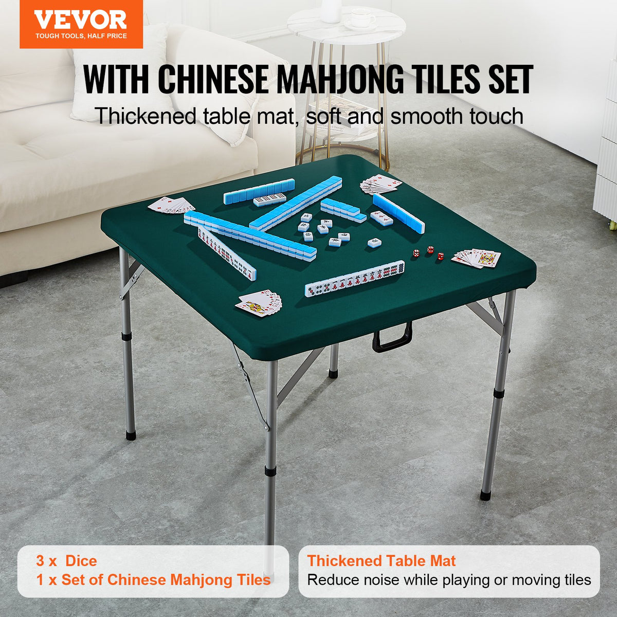 VEVOR Mahjong Table with Mahjong Tiles Set, Fold-in-Half 4 Player Card Table with 144PCS Majiang Tiles and 3 Dice, Portable Bi-Folding Domino Table with Wear-Resistant Green Tabletop &amp; Carrying Handle