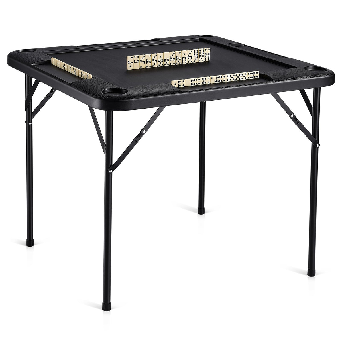 VEVOR Mahjong Table, Square 4 Player Folding Card Table with 4 Cup Holders &amp; 4 Chip Trays, Portable Domino Game Table with 1 Set of Dominoes for Mahjong Poke Puzzles, 90 x 90-inch, Black