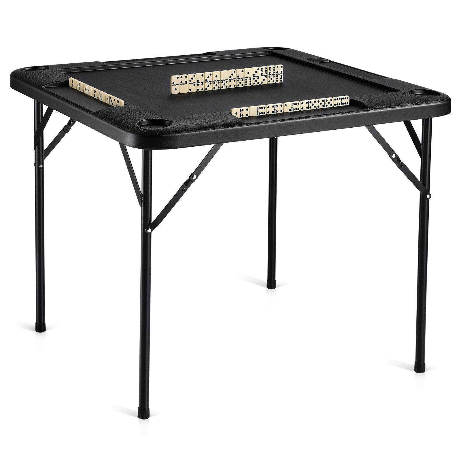 VEVOR Mahjong Table, Square 4 Player Folding Card Table with 4 Cup Holders & 4 Chip Trays, Portable Domino Game Table with 1 Set of Dominoes for Mahjong Poke Puzzles, 90 x 90-inch, Black