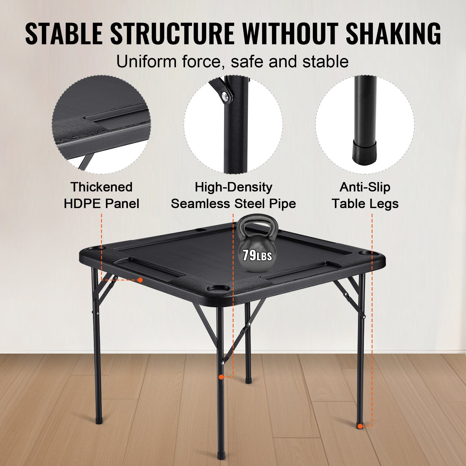 VEVOR Mahjong Table, Square 4 Player Folding Card Table with 4 Cup Holders & 4 Chip Trays, Portable Domino Game Table with 1 Set of Dominoes for Mahjong Poke Puzzles, 90 x 90-inch, Black
