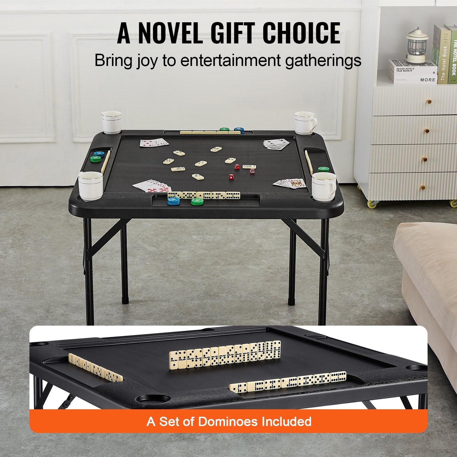 VEVOR Mahjong Table, Square 4 Player Folding Card Table with 4 Cup Holders & 4 Chip Trays, Portable Domino Game Table with 1 Set of Dominoes for Mahjong Poke Puzzles, 90 x 90-inch, Black