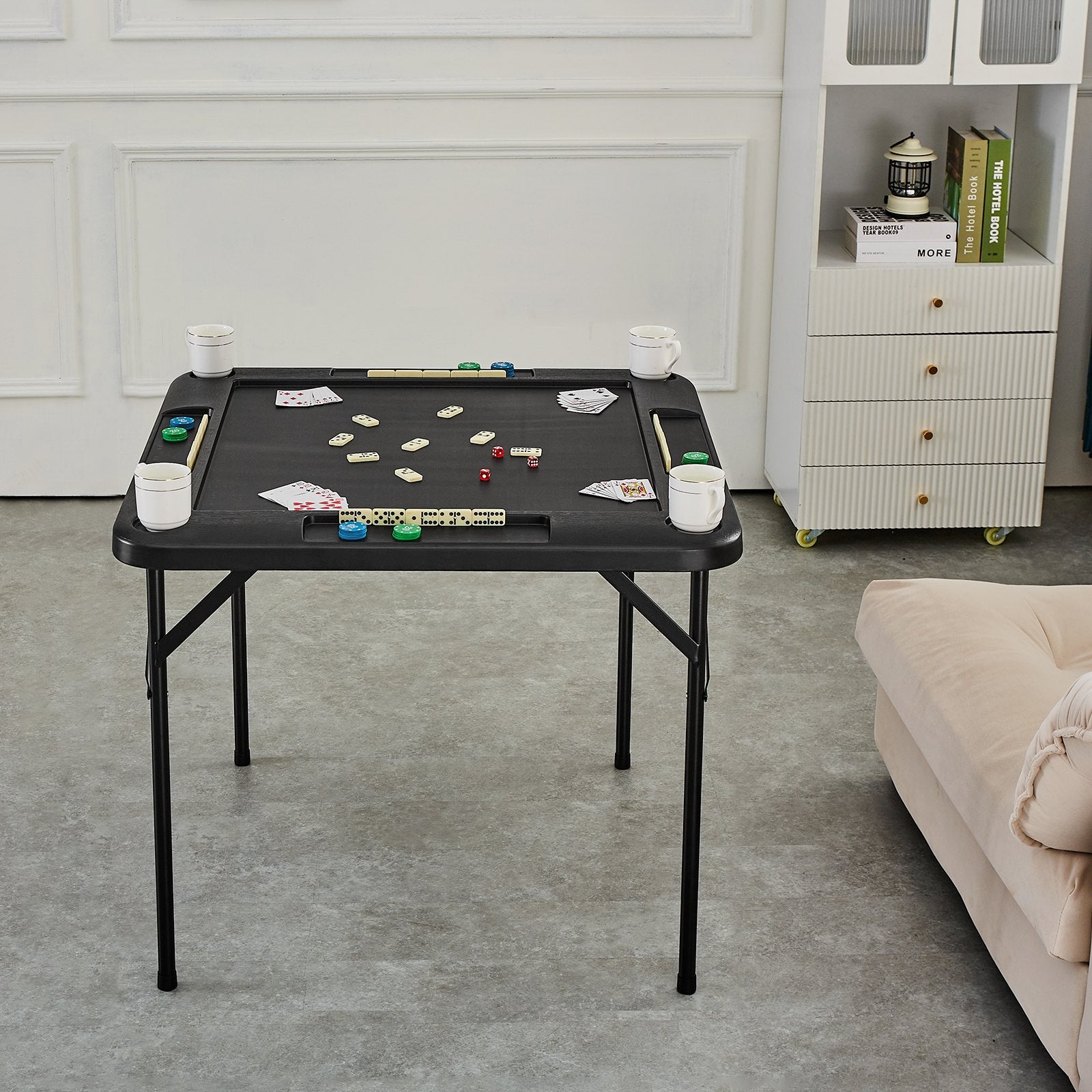 VEVOR Mahjong Table, Square 4 Player Folding Card Table with 4 Cup Holders & 4 Chip Trays, Portable Domino Game Table with 1 Set of Dominoes for Mahjong Poke Puzzles, 90 x 90-inch, Black