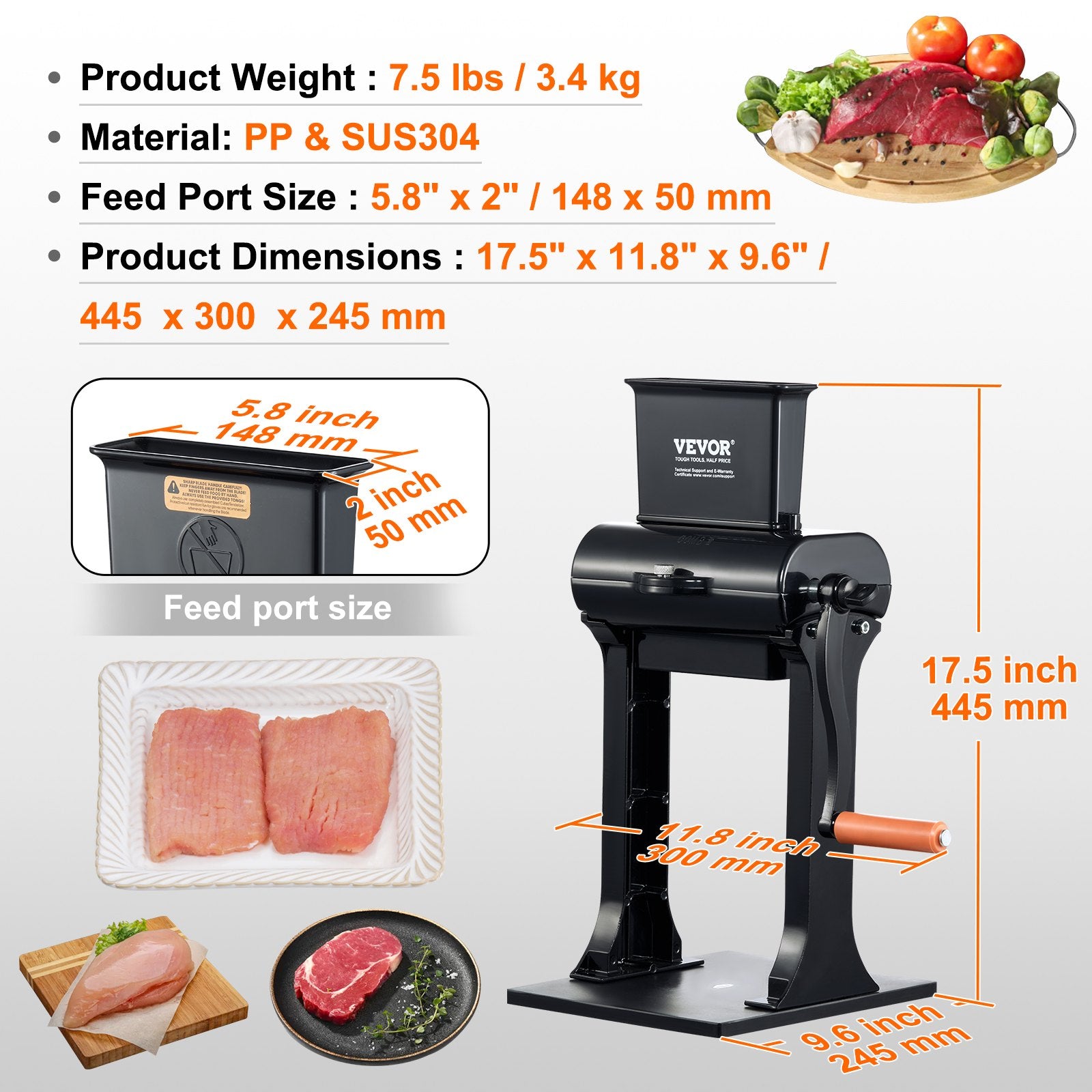 VEVOR Commercial Meat Tenderizer, Heavy Duty Stainless Steel Meat Tenderizer Machine, Quick and Easy Manual Operation Kitchen Tool, 148mm Feed Port for Beef, Turkey, Chicken, Pork, Steak, and Fish