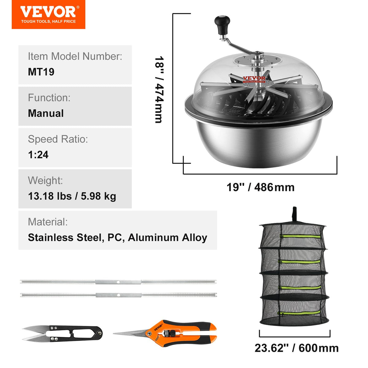 VEVOR Leaf Bowl Trimmer 19'' Manual Bud Trimmer with Stainless-Steel Blades
