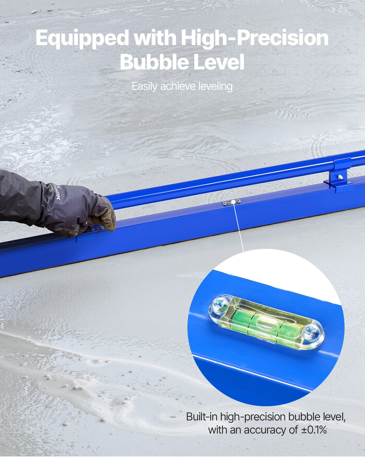 VEVOR Concrete Screed, 120.5 cm Screed with Level Vial, Easy Cleanup & End Cap Design, Aluminum Lightweight & Reversable Handle for Leveling Floors, Small-Scale Construction and Home Renovation