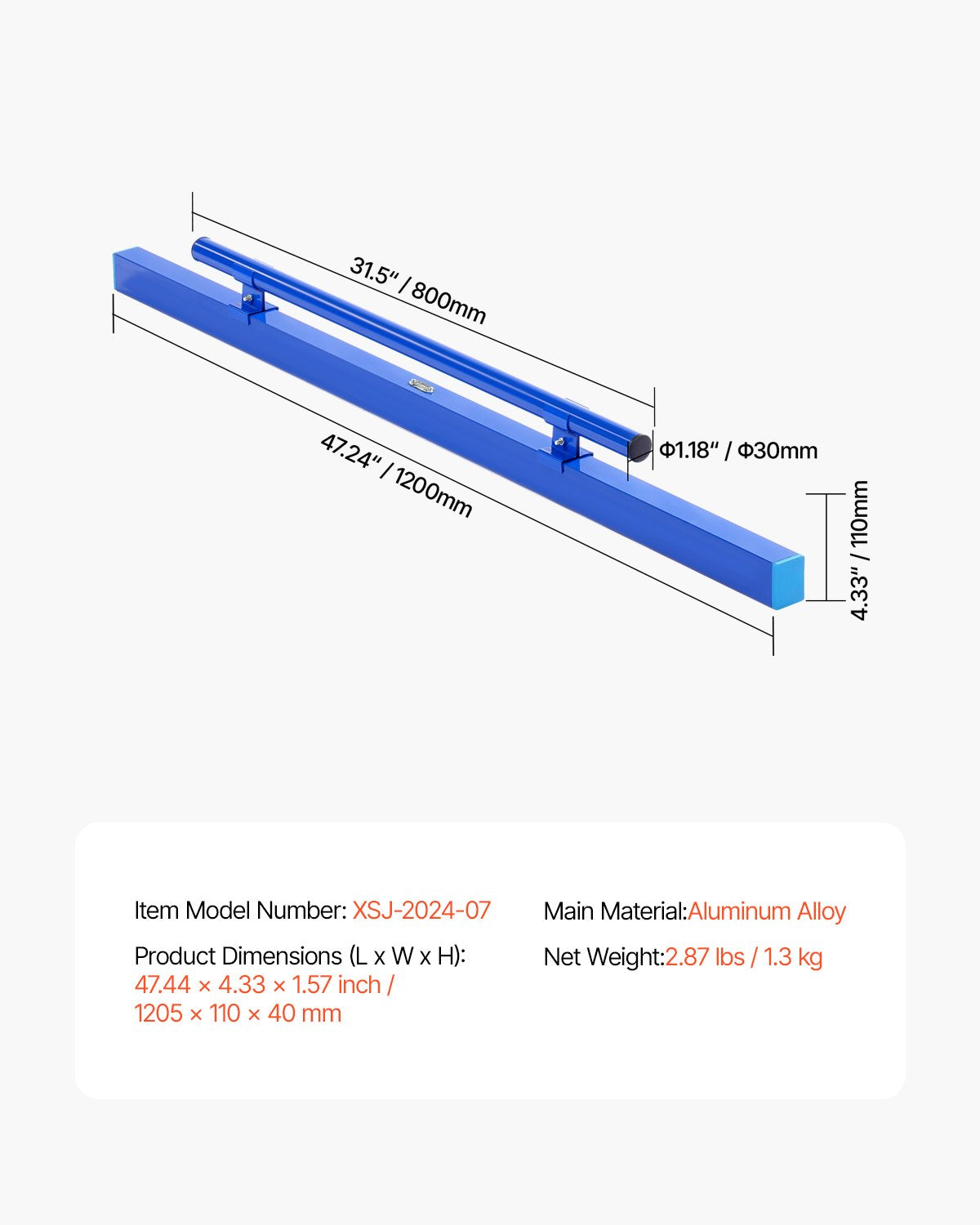 VEVOR Concrete Screed, 120.5 cm Screed with Level Vial, Easy Cleanup & End Cap Design, Aluminum Lightweight & Reversable Handle for Leveling Floors, Small-Scale Construction and Home Renovation