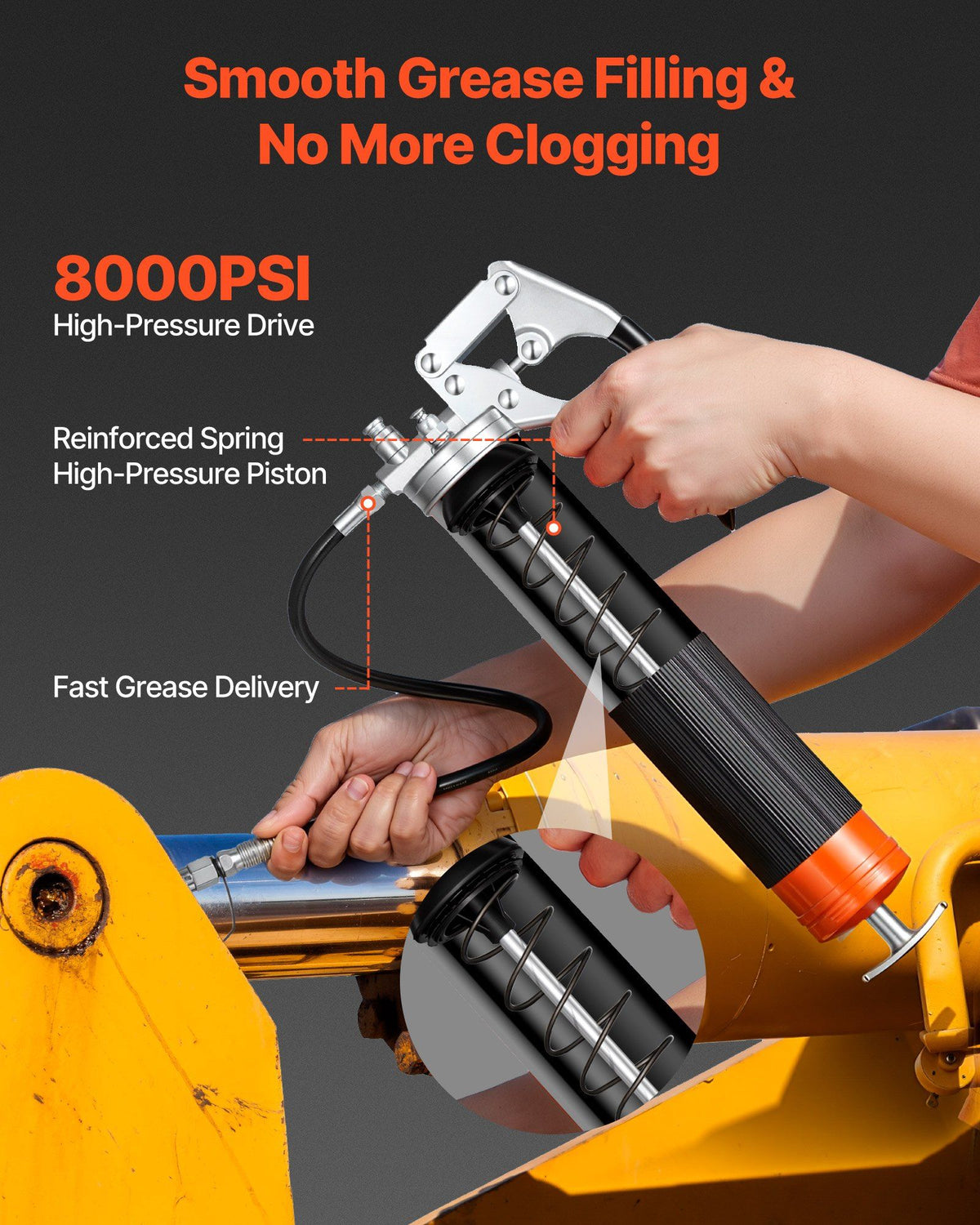 Grease Gun, 8000 PSI, Pistol Grip Grease Gun Kit with 0.4 L Capacity, Includes 46 cm Flex Hose, Double Handle Grease Coupler, Extension Rigid Pipe & Sharp Type Nozzle for Automotive, Marine