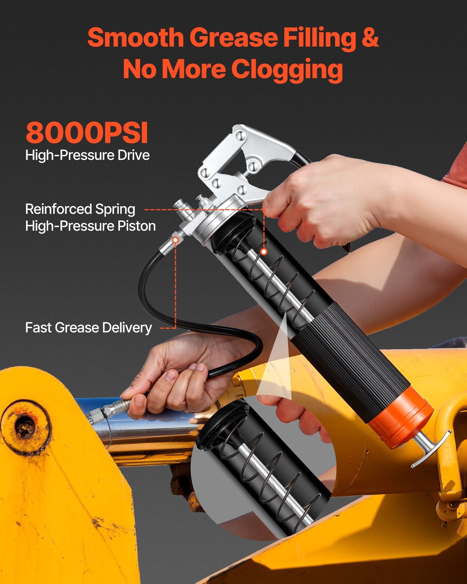Grease Gun, 8000 PSI, Pistol Grip Grease Gun Kit with 0.4 L Capacity, Includes 46 cm Flex Hose, Double Handle Grease Coupler, Extension Rigid Pipe & Sharp Type Nozzle for Automotive, Marine
