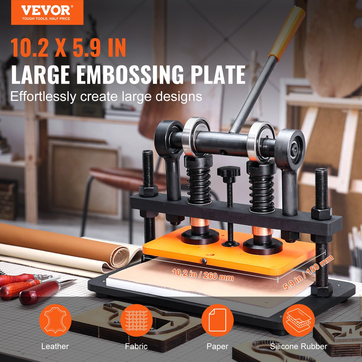 VEVOR Leather Cutting Machine, 10.2 x 5.9 in Embossing Plate Manual Die Cutter, 0.47 in Pressure Stroke Leather Embossing Machine, Dual Guide Shafts Die Cut Machine for Various of Materials