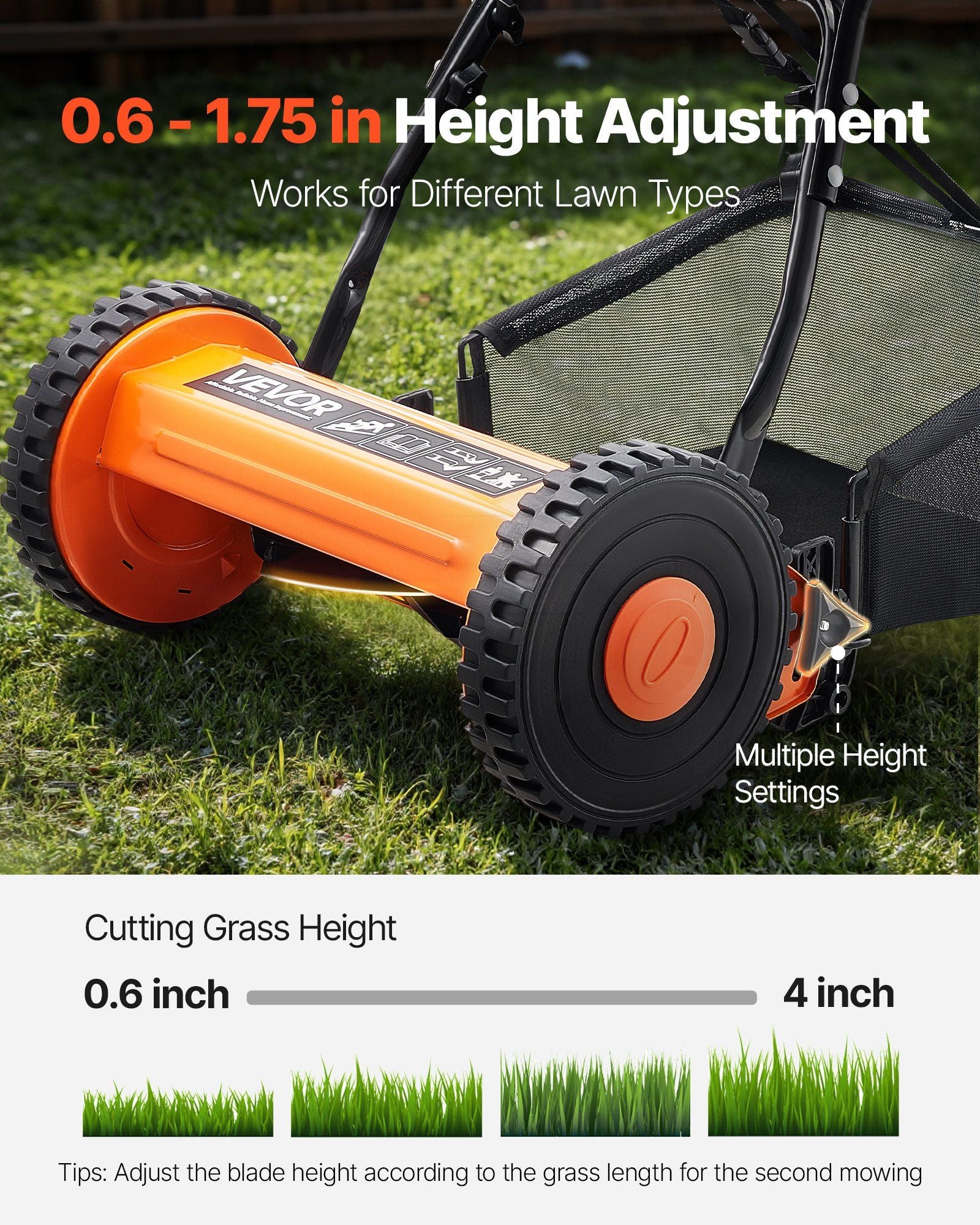 Push Reel Lawn Mower 35 cm, 5 Blades Manual Push Mower No Motor, 15-45 mm Adjustable Cutting Height, Walk-Behind Lawn Mowers with Grass Catcher Bag for Green Lawns, Driveways, Courtyards