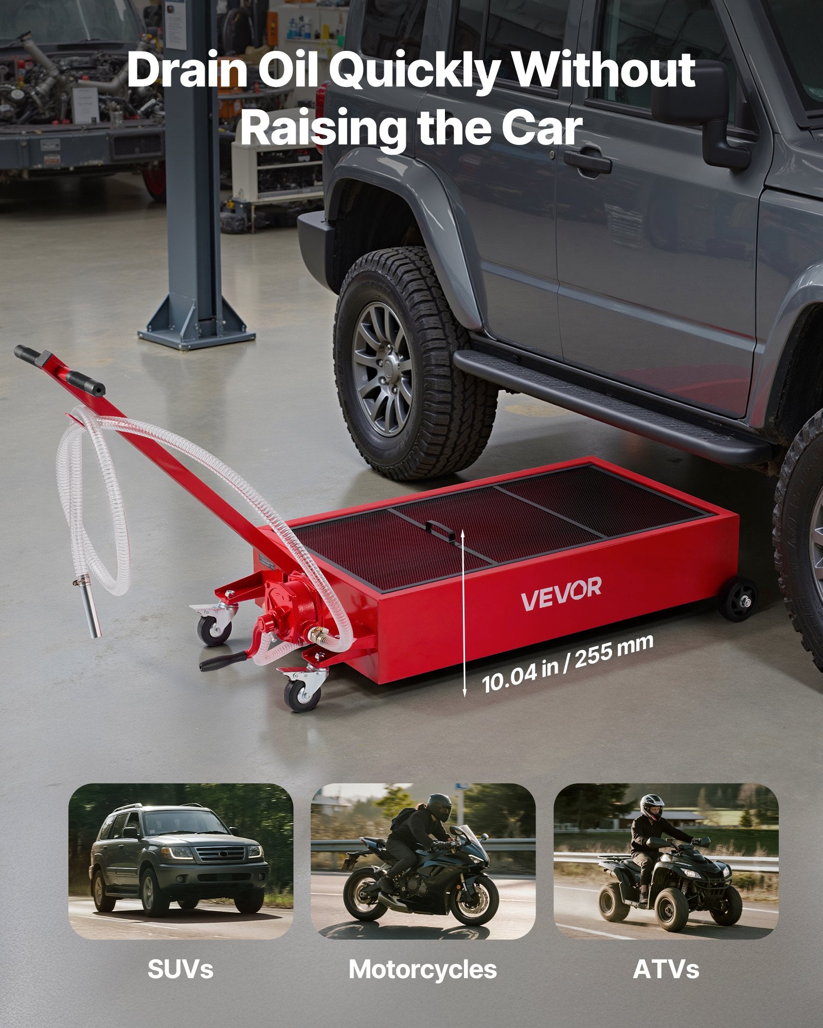 VEVOR Low Profile Oil Drain Pan, 75.7 L Capacity, Rolling Oil Drain Pan with Manual Pump, 2.2 m Hose & T Folding Handle, Leak-proof & Corrosion-resistant, Fit for Cars, SUVs, Trucks, ATVs, Red