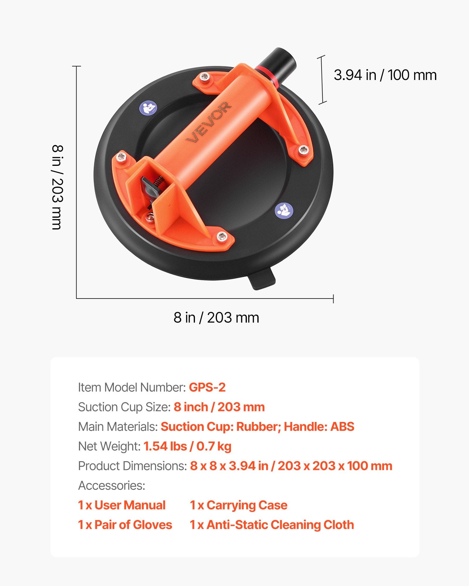 VEVOR Vacuum Suction Cup, 203 mm Vacuum Glass Lifter with ABS Handle, 180 kg Max Lifting Capacity Tile Suction Cup Tool with Carrying Case for Lifting Large Tile, Granite, Drywall, Windows (1-Pack)