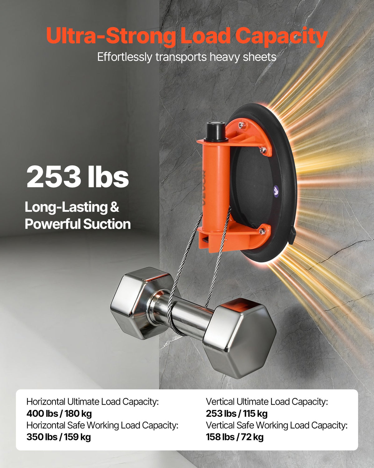 VEVOR Vacuum Suction Cup, 203 mm Vacuum Glass Lifter with ABS Handle, 180 kg Max Lifting Capacity Tile Suction Cup Tool with Carrying Case for Lifting Large Tile, Granite, Drywall, Windows (2-Pack)
