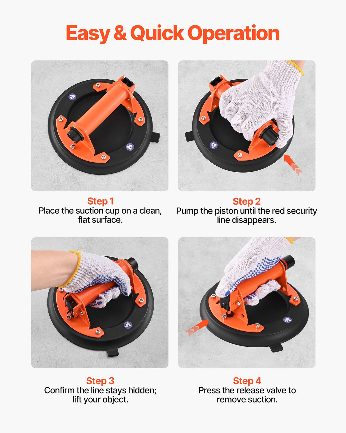 VEVOR Vacuum Suction Cup, 203 mm Vacuum Glass Lifter with Metal Handle, 195 kg Max Lifting Capacity Tile Suction Cup Tool with Carrying Case for Lifting Large Tile, Granite, Drywall, Windows (2-Pack)