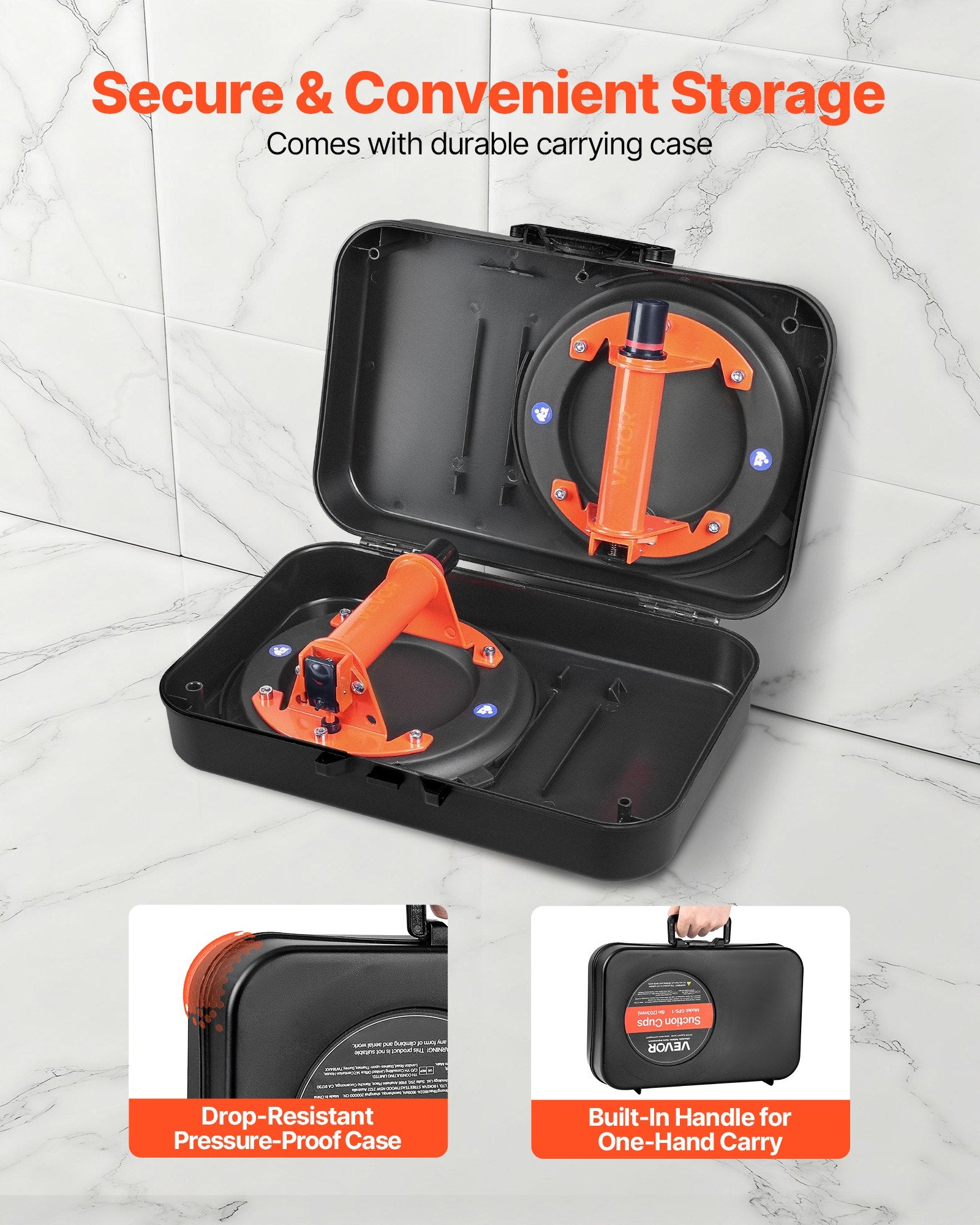 VEVOR Vacuum Suction Cup, 203 mm Vacuum Glass Lifter with Metal Handle, 195 kg Max Lifting Capacity Tile Suction Cup Tool with Carrying Case for Lifting Large Tile, Granite, Drywall, Windows (2-Pack)