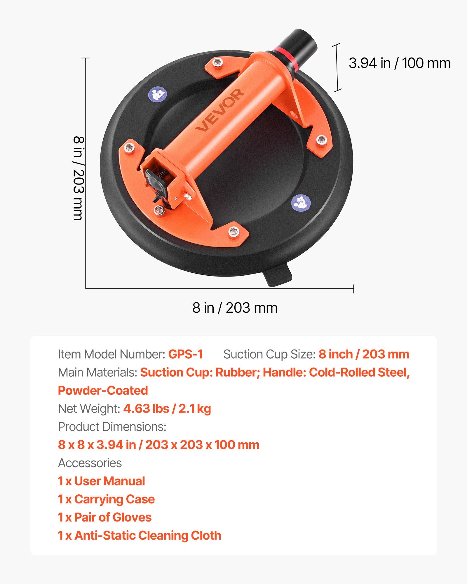 VEVOR Vacuum Suction Cup, 203 mm Vacuum Glass Lifter with Metal Handle, 195 kg Max Lifting Capacity Tile Suction Cup Tool with Carrying Case for Lifting Large Tile, Granite, Drywall, Windows (2-Pack)