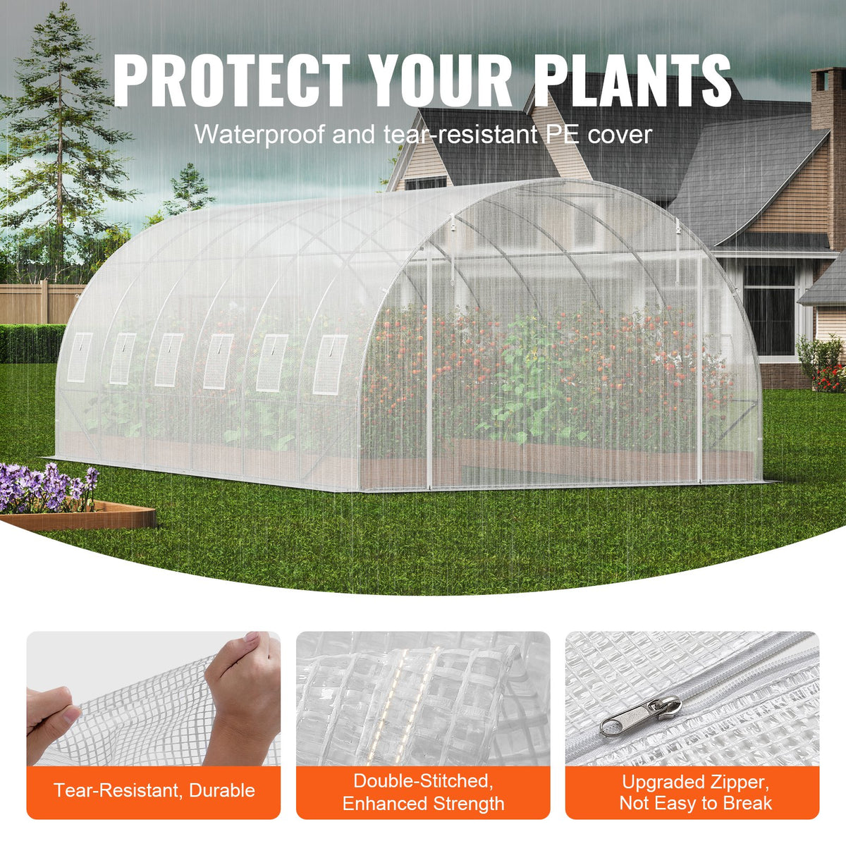 VEVOR Walk-in Tunnel Greenhouse, 19.4x9.7x6.5 ft Hoop House Greenhouse Tunnel, Plant Hot House with Galvanized Steel Frame, White PE Cover, Roll-up Zipper Door and 12 Windows for Outdoor
