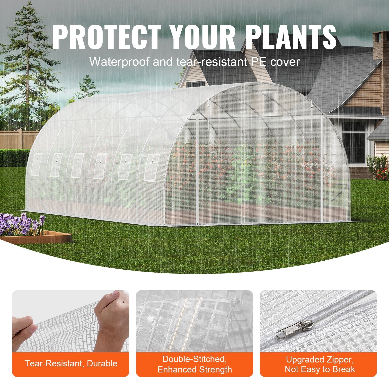 VEVOR Walk-in Tunnel Greenhouse, 19.4x9.7x6.5 ft Hoop House Greenhouse Tunnel, Plant Hot House with Galvanized Steel Frame, White PE Cover, Roll-up Zipper Door and 12 Windows for Outdoor