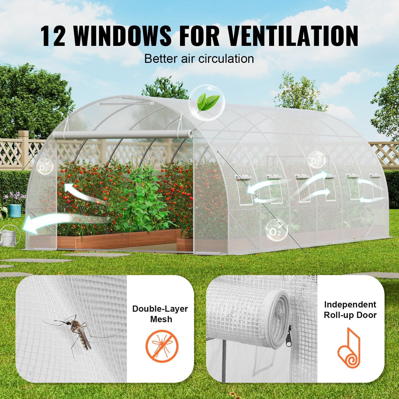 VEVOR Walk-in Tunnel Greenhouse, 19.4x9.7x6.5 ft Hoop House Greenhouse Tunnel, Plant Hot House with Galvanized Steel Frame, White PE Cover, Roll-up Zipper Door and 12 Windows for Outdoor