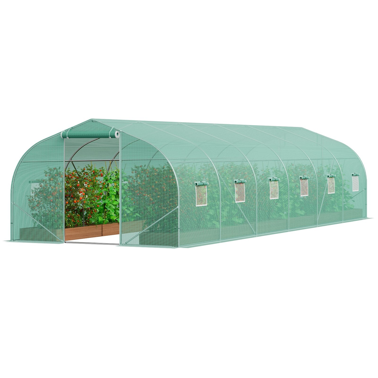 VEVOR Walk-in Tunnel Greenhouse, 29.5x9.8x6.6 ft Hoop House Greenhouse Tunnel, Peaked Roof Plant Hot House with Galvanized Steel Frame, Green PE Cover, Roll-up Zipper Door and 12 Windows for Outdoor