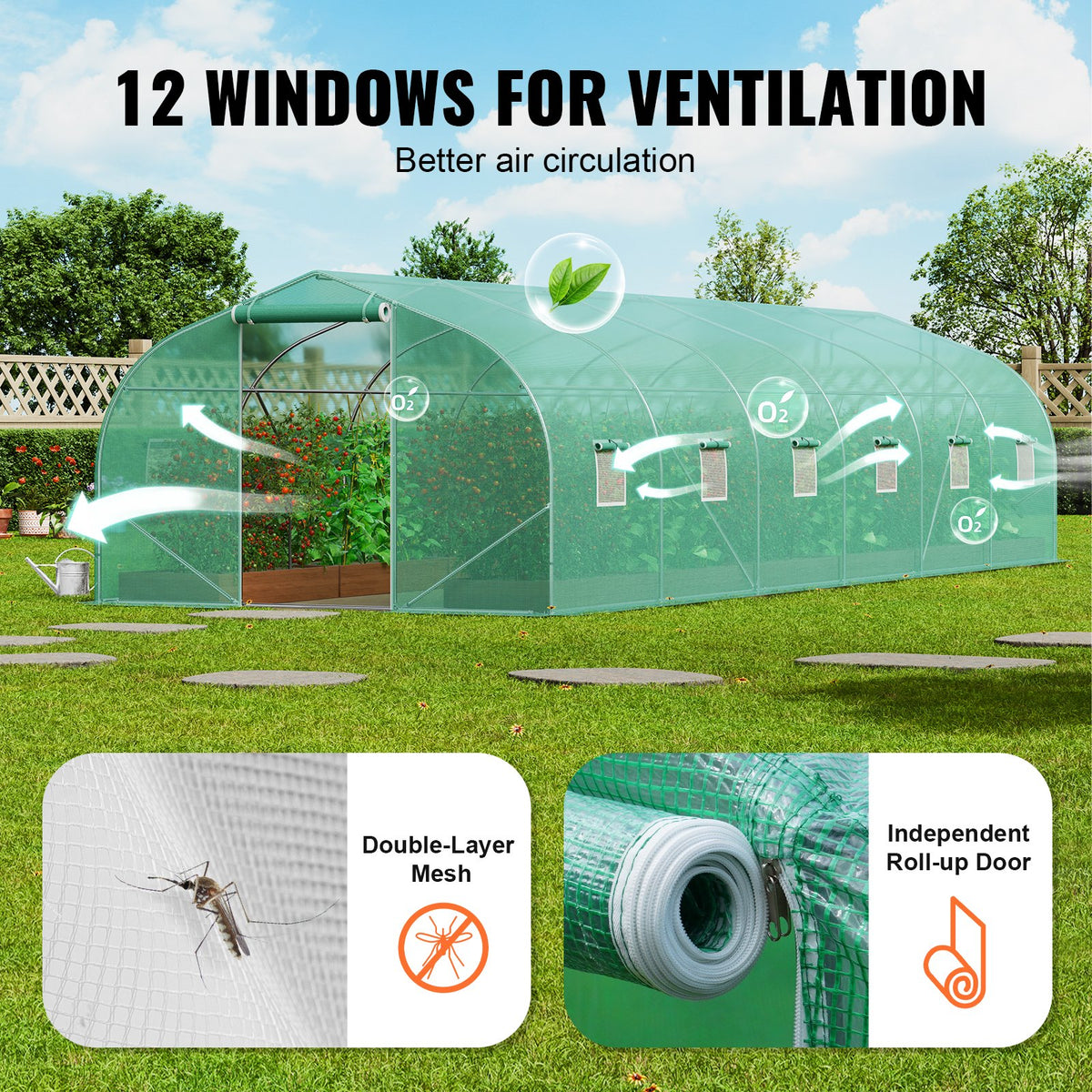 VEVOR Walk-in Tunnel Greenhouse, 29.5x9.8x6.6 ft Hoop House Greenhouse Tunnel, Peaked Roof Plant Hot House with Galvanized Steel Frame, Green PE Cover, Roll-up Zipper Door and 12 Windows for Outdoor