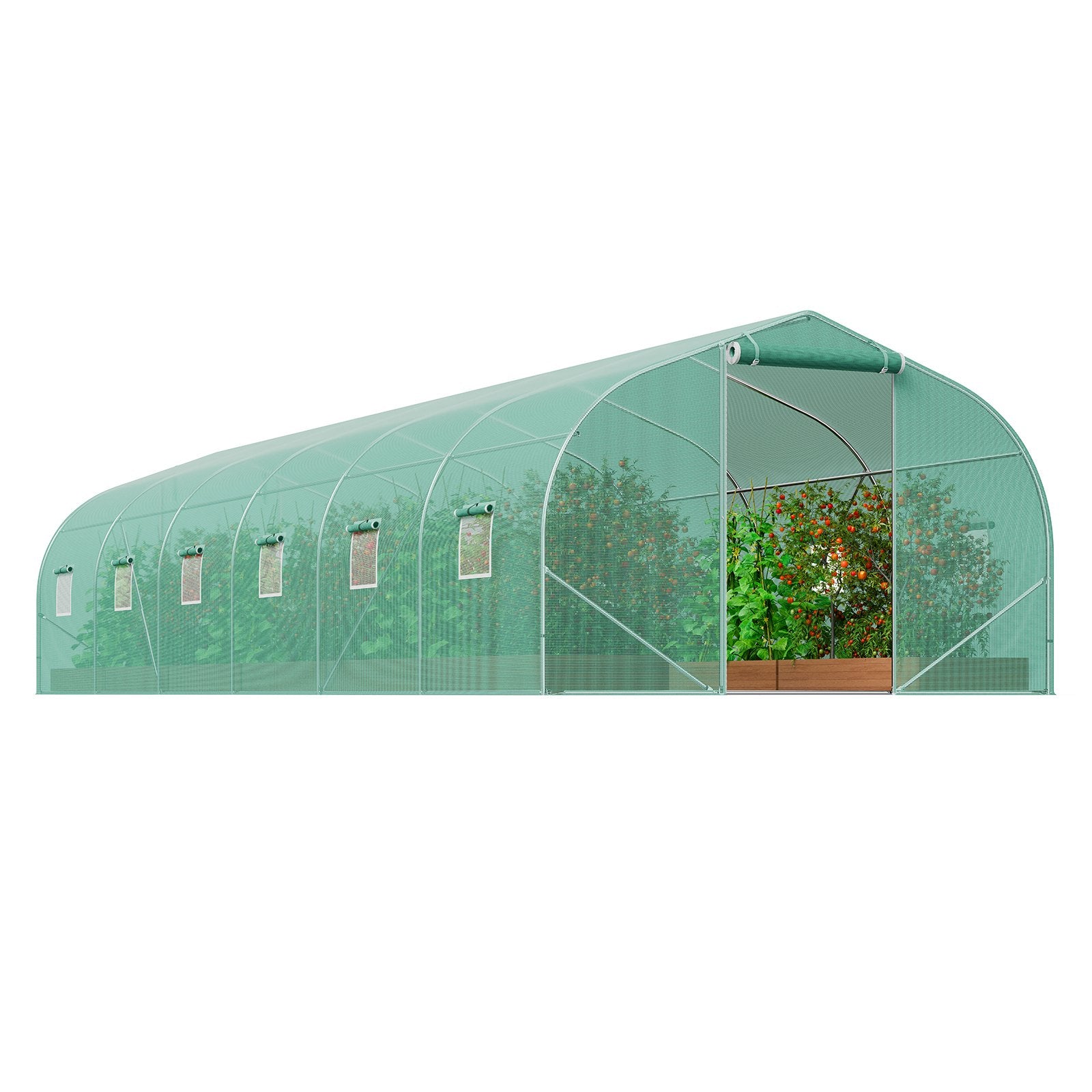 VEVOR Walk-in Tunnel Greenhouse, 29.5x9.8x6.6 ft Hoop House Greenhouse Tunnel, Peaked Roof Plant Hot House with Galvanized Steel Frame, Green PE Cover, Roll-up Zipper Door and 12 Windows for Outdoor