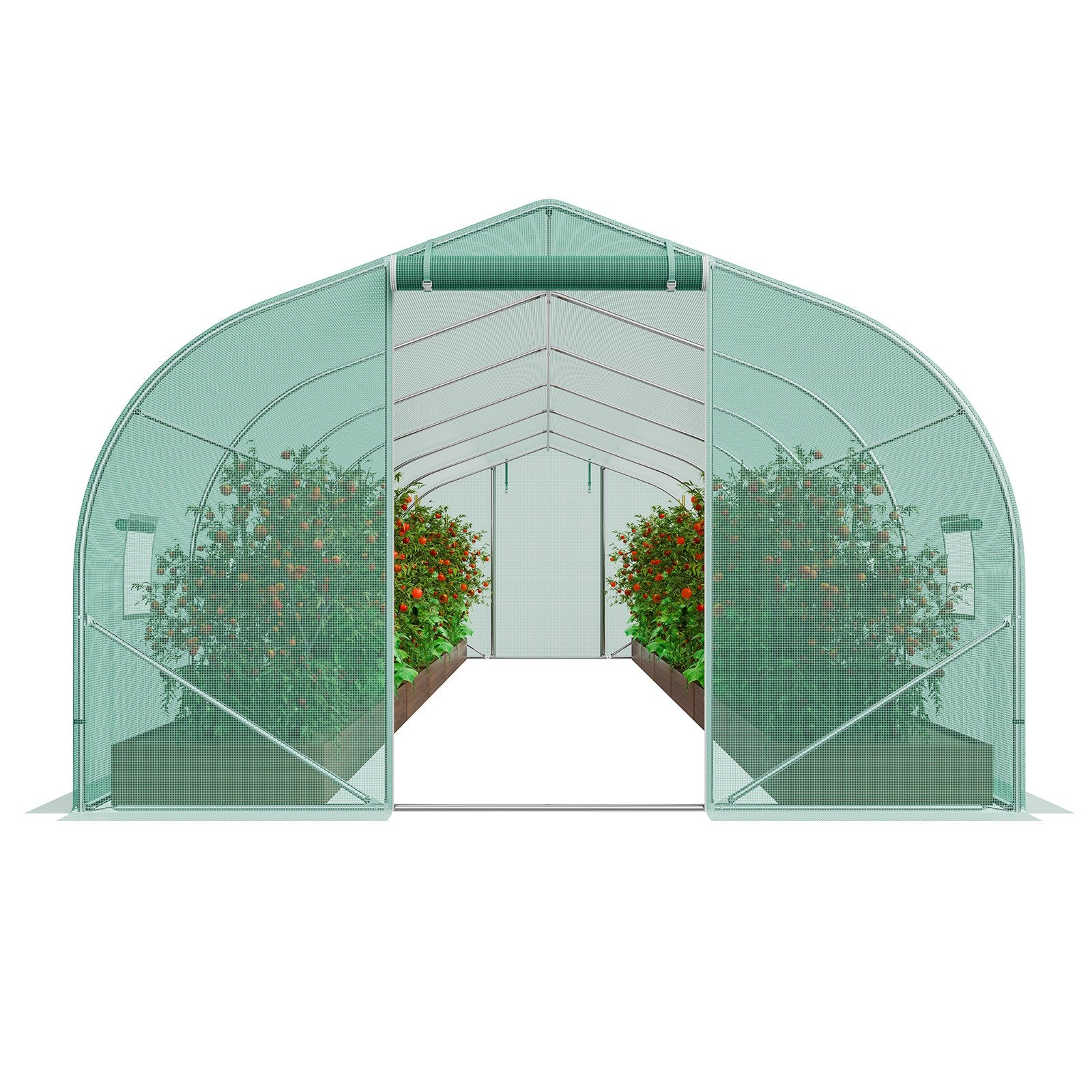 VEVOR Walk-in Tunnel Greenhouse, 29.5x9.8x6.6 ft Hoop House Greenhouse Tunnel, Peaked Roof Plant Hot House with Galvanized Steel Frame, Green PE Cover, Roll-up Zipper Door and 12 Windows for Outdoor