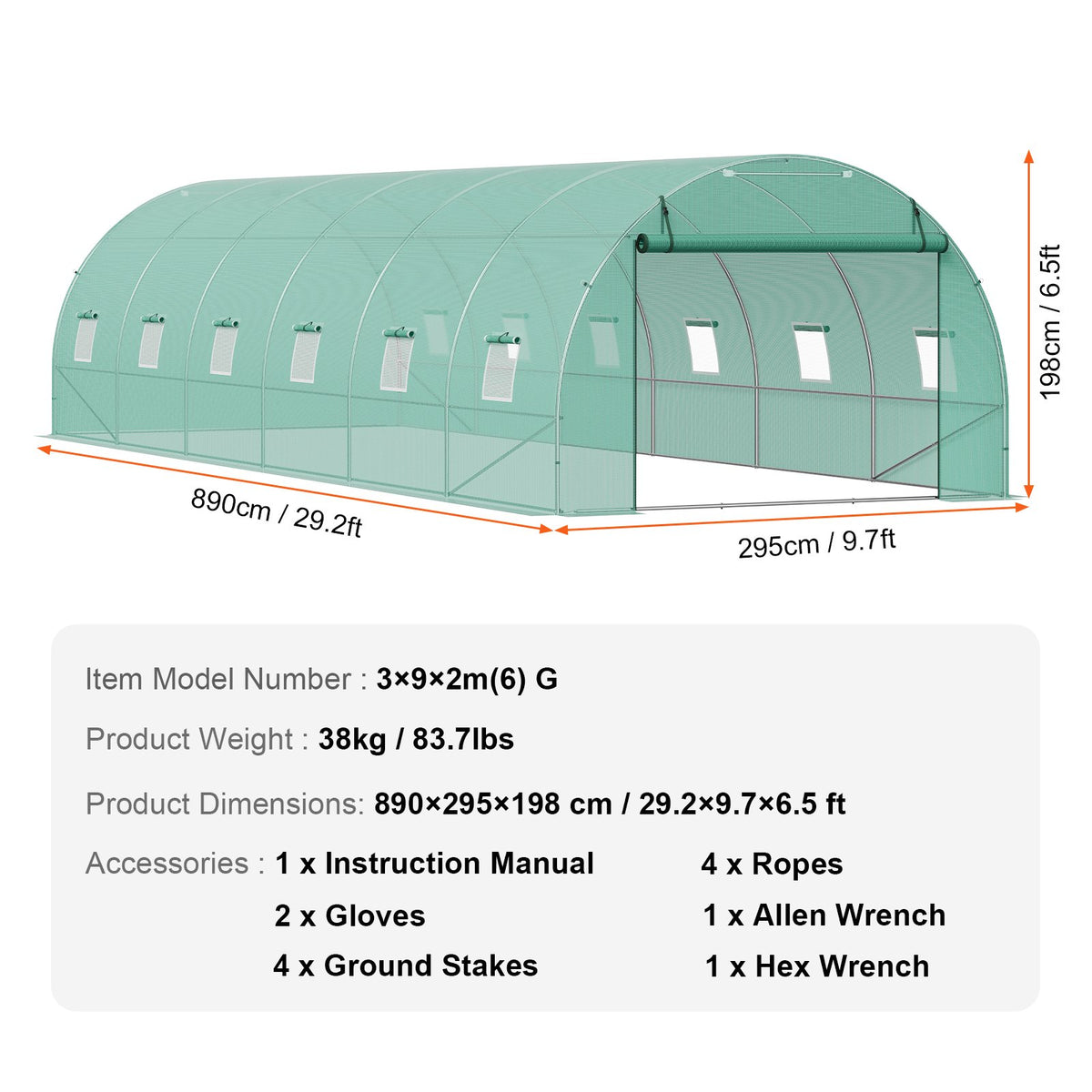 VEVOR Walk-in Tunnel Greenhouse 29.2x9.7x6.5ft Galvanized Frame PE Cover Green