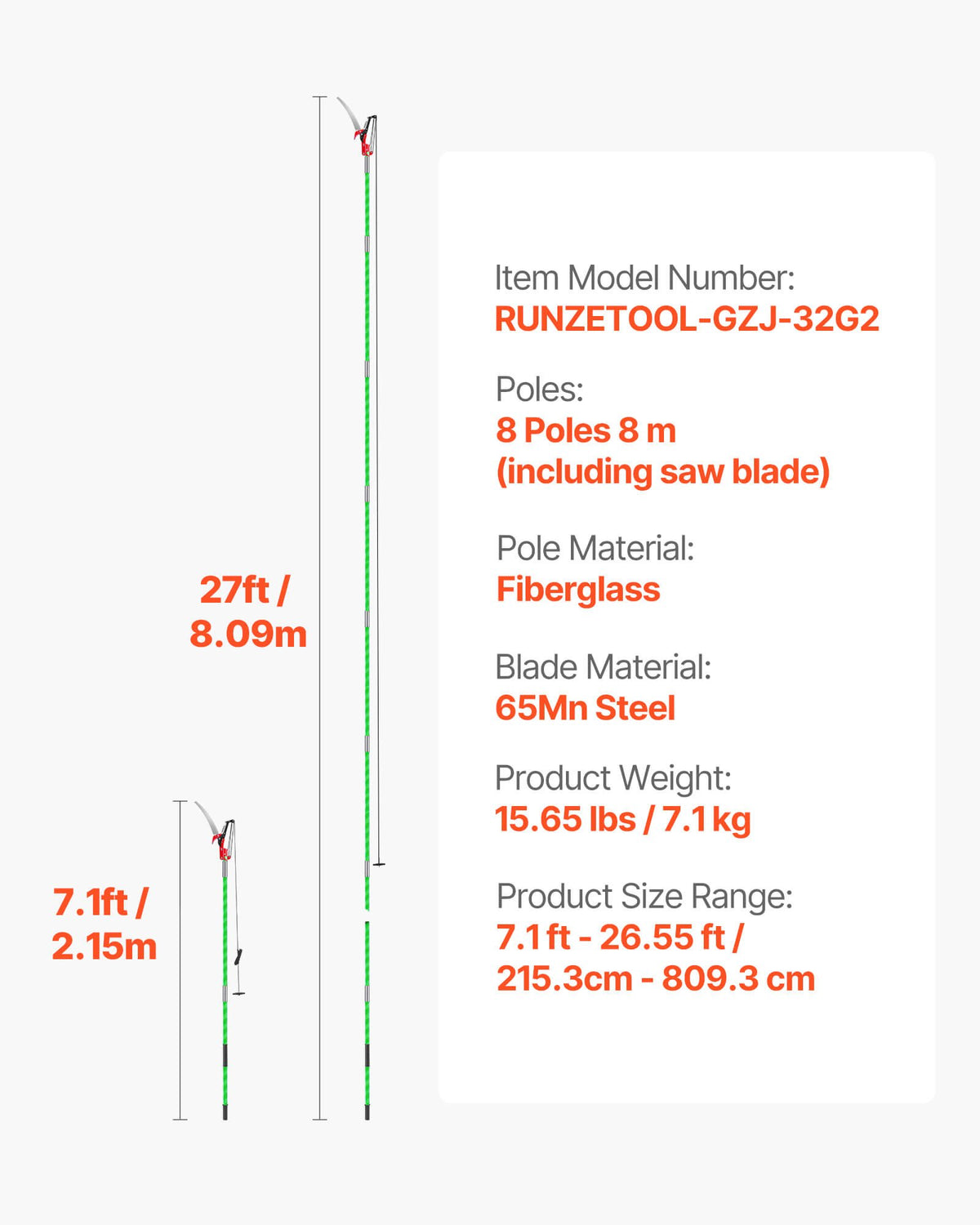 VEVOR Manual Pole Saw, 118-809.3 cm Extendable Pole Tree Pruner with Scissors, Sharp 65Mn Steel Blade, Lightweight Fiberglass Handle Pole, for High Branch Trimming, Pruning Tool for Palms and Shrubs