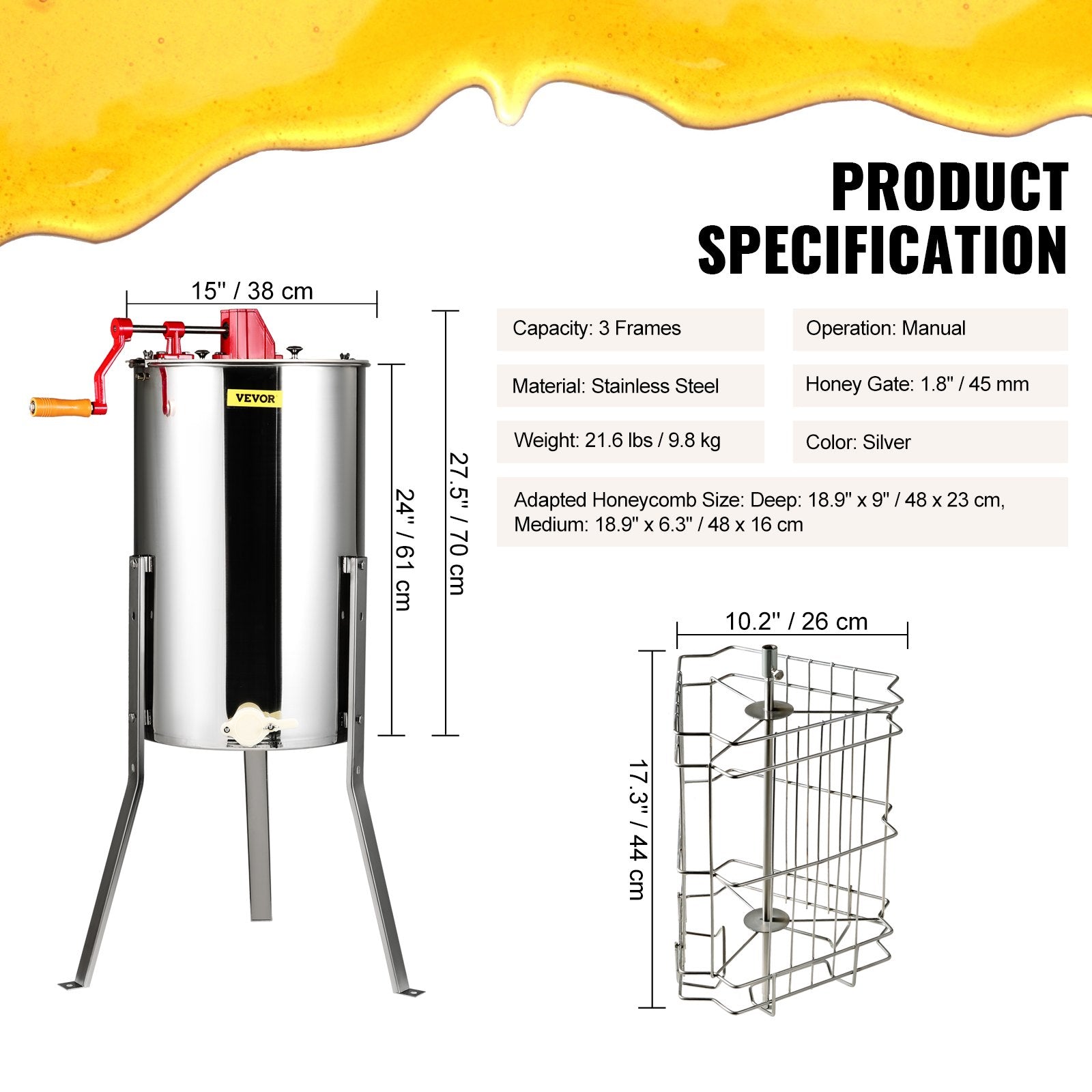 VEVOR Manual Honey Extractor, 3 Frames Honey Spinner Extractor, Stainless Steel Beekeeping Extraction, Honeycomb Drum Spinner with Lid, Apiary Centrifuge Equipment with Height Adjustable Stand