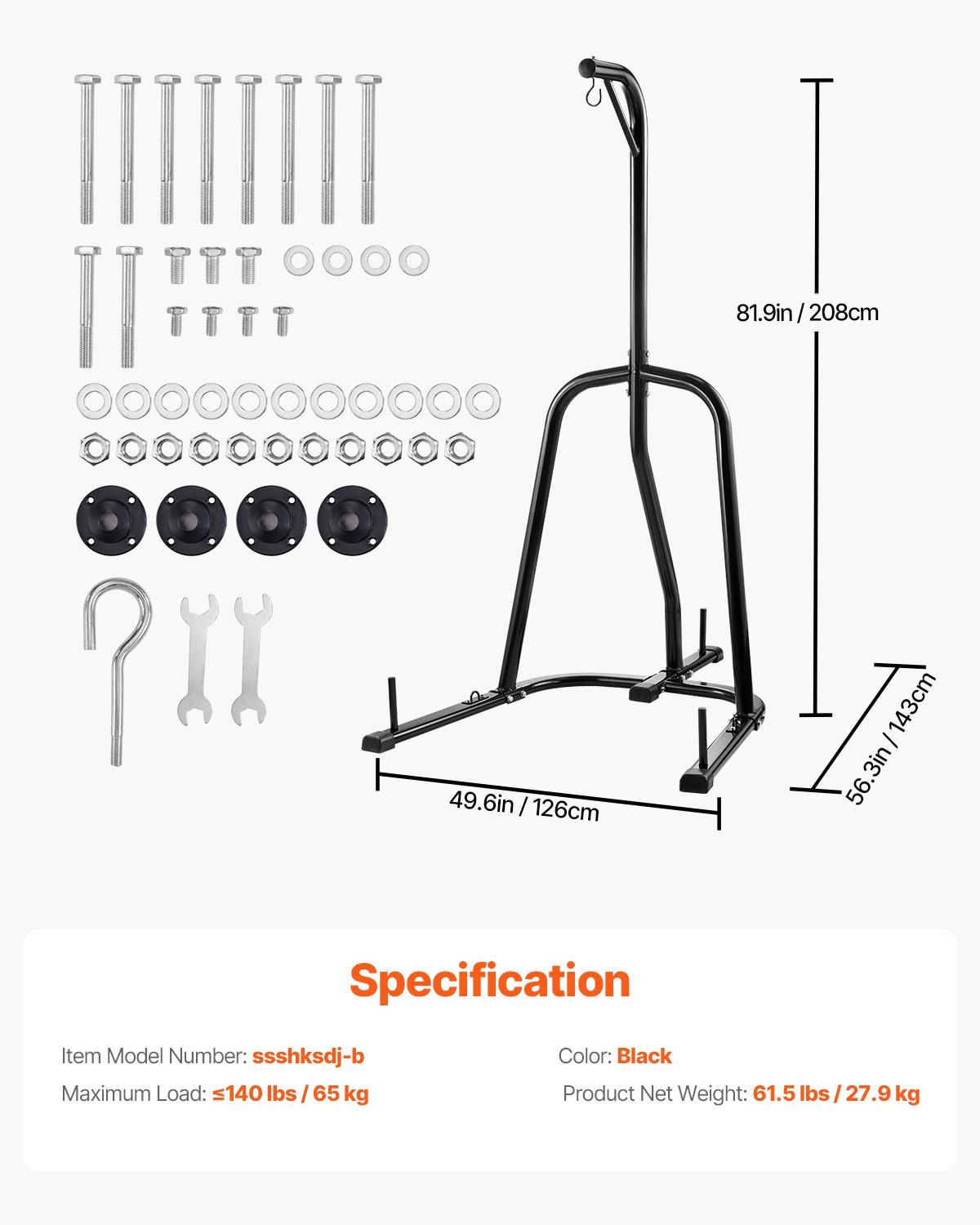 Punching Bag Stand, Steel Heavy Duty Workout Equipment, Boxing Punching Bag Stand, Holds Up to 140 lbs, Freestanding Sandbag Rack with Weighted Base, Training Equipment for Home Gym Fitness