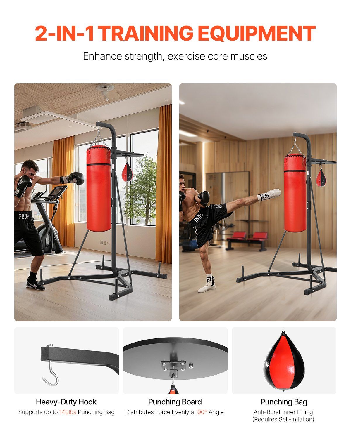 2 in 1 Punching Bag Stand, Steel Heavy Duty Workout Equipment, Adjustable Height Boxing Punching Bag and Speed Bag Stand, Freestanding Sandbag Rack, Holds Up to 140 lbs, for Home Gym Fitness